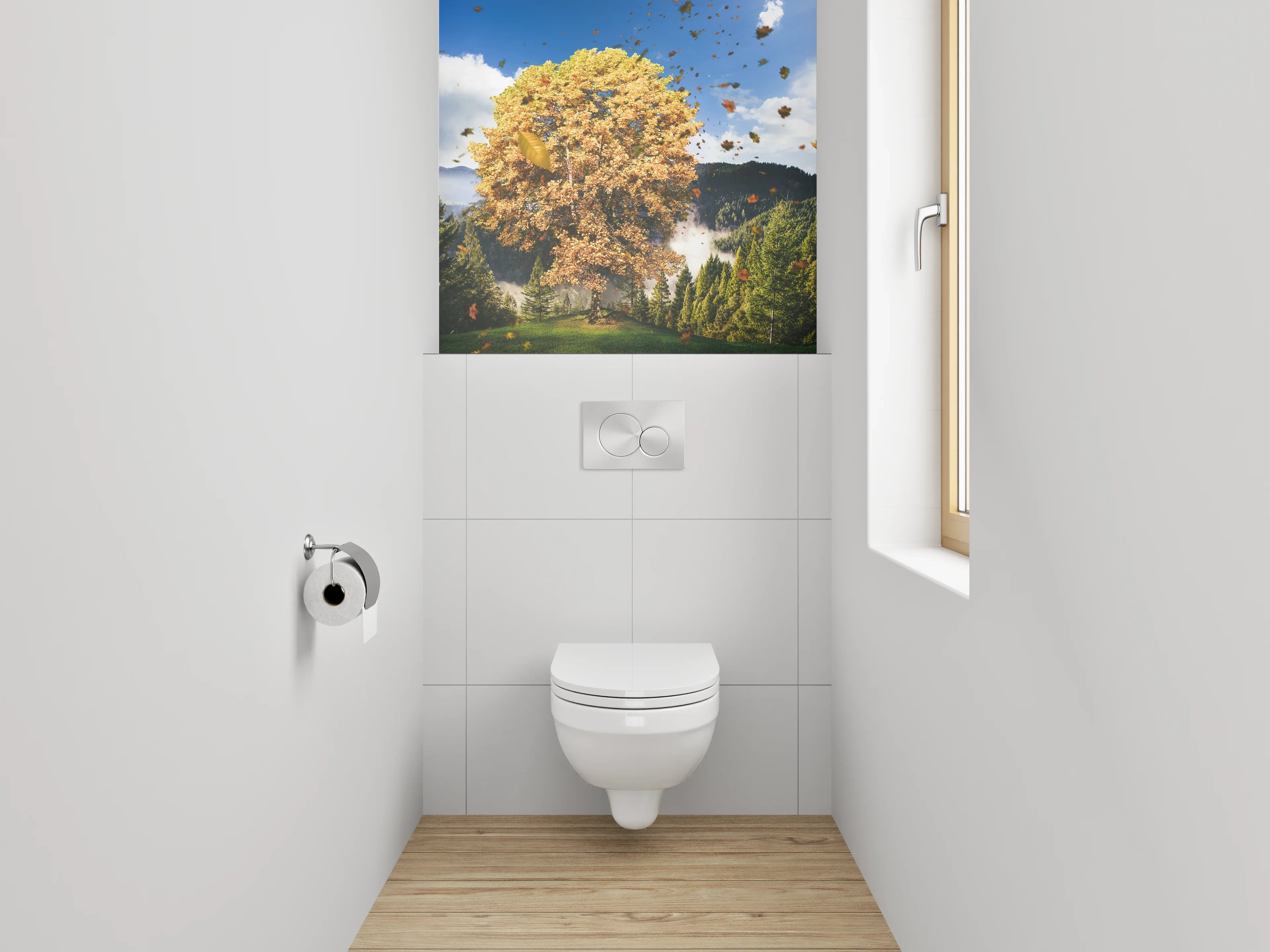 WC-Rückwand - Herbstlicher Baum vor Bergen