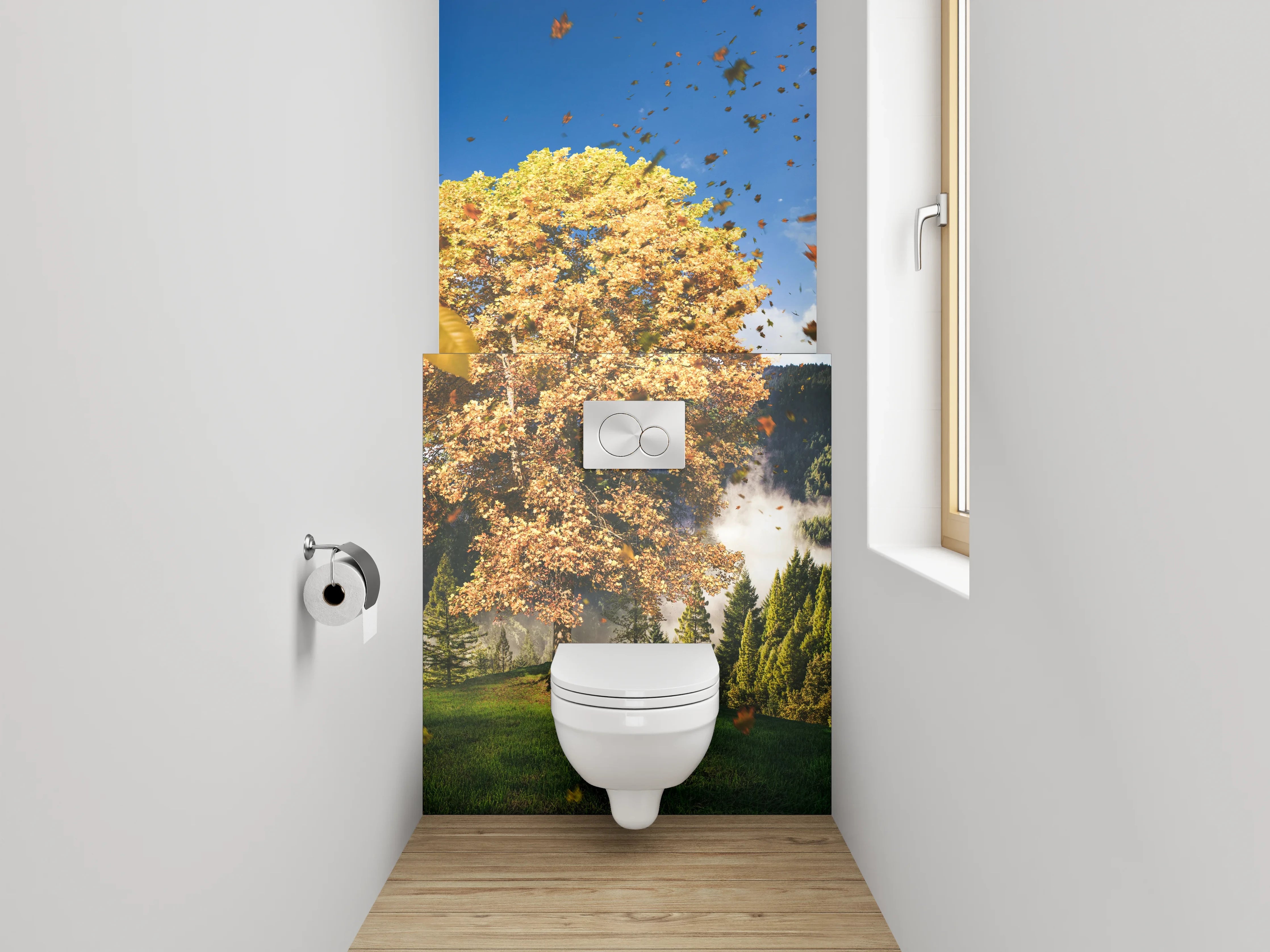 WC-Rückwand - Herbstlicher Baum vor Bergen