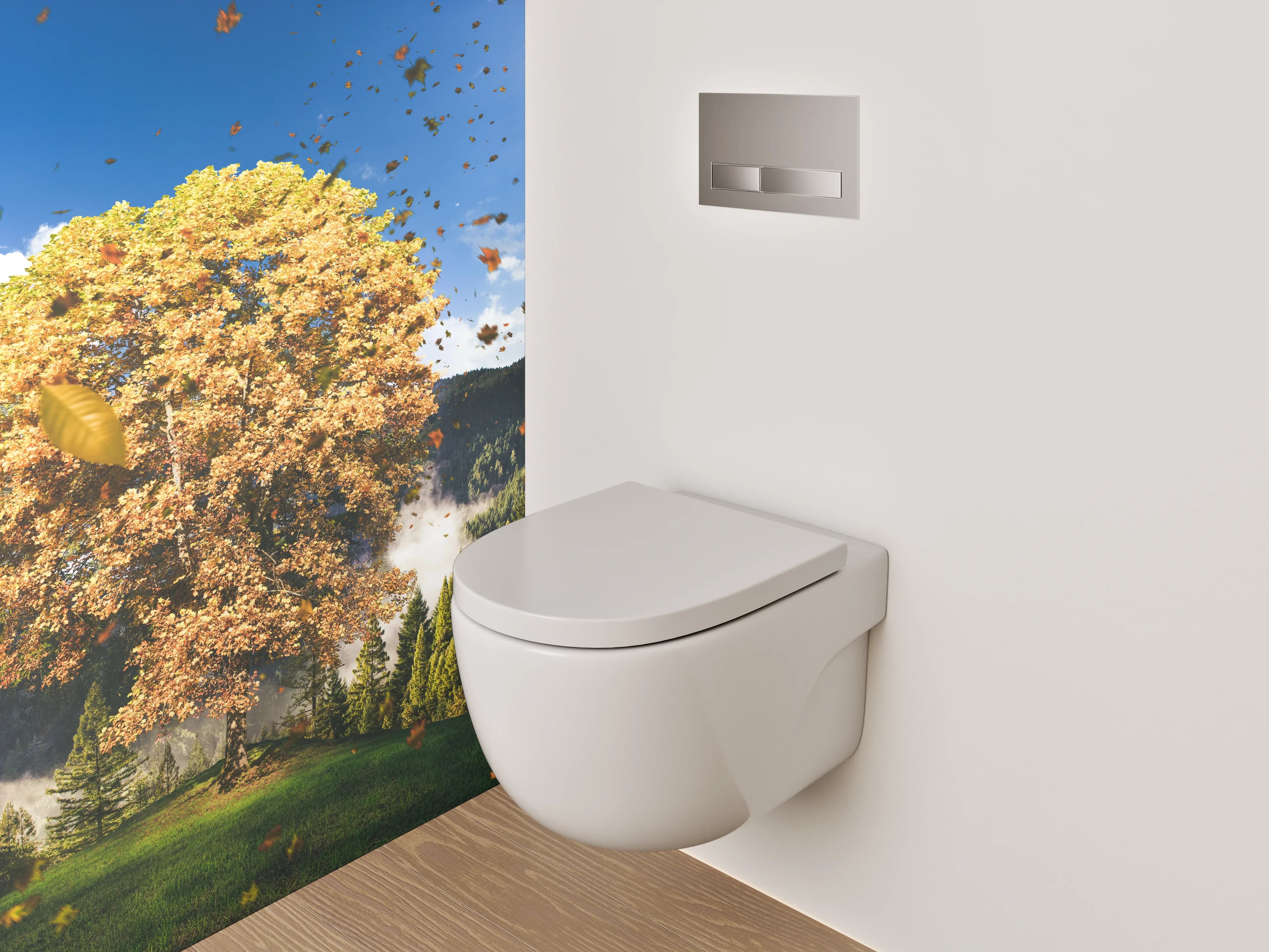 WC-Rückwand - Herbstlicher Baum vor Bergen