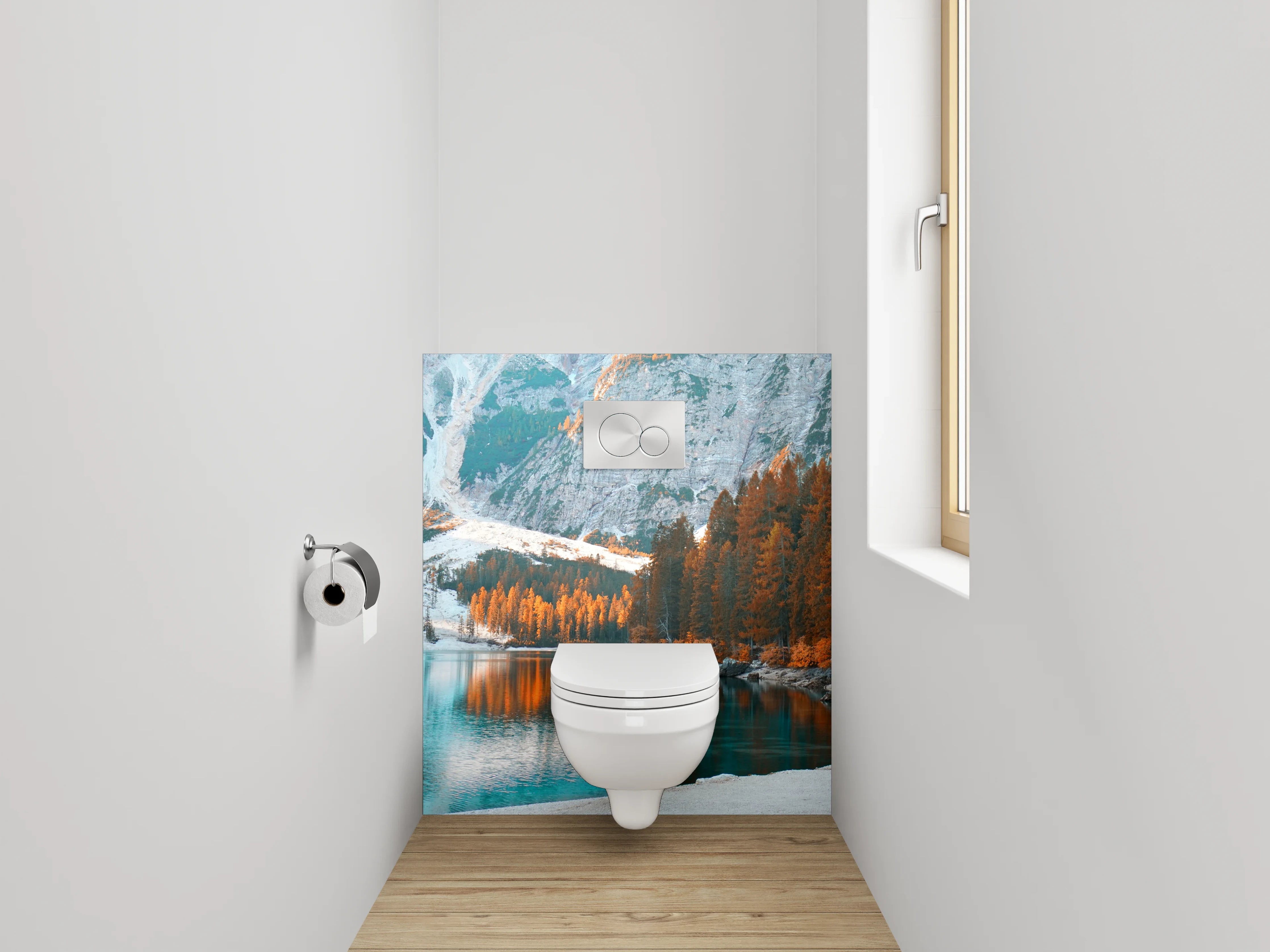 WC-Rückwand - Herbstlicher Bergsee mit Nadelwald