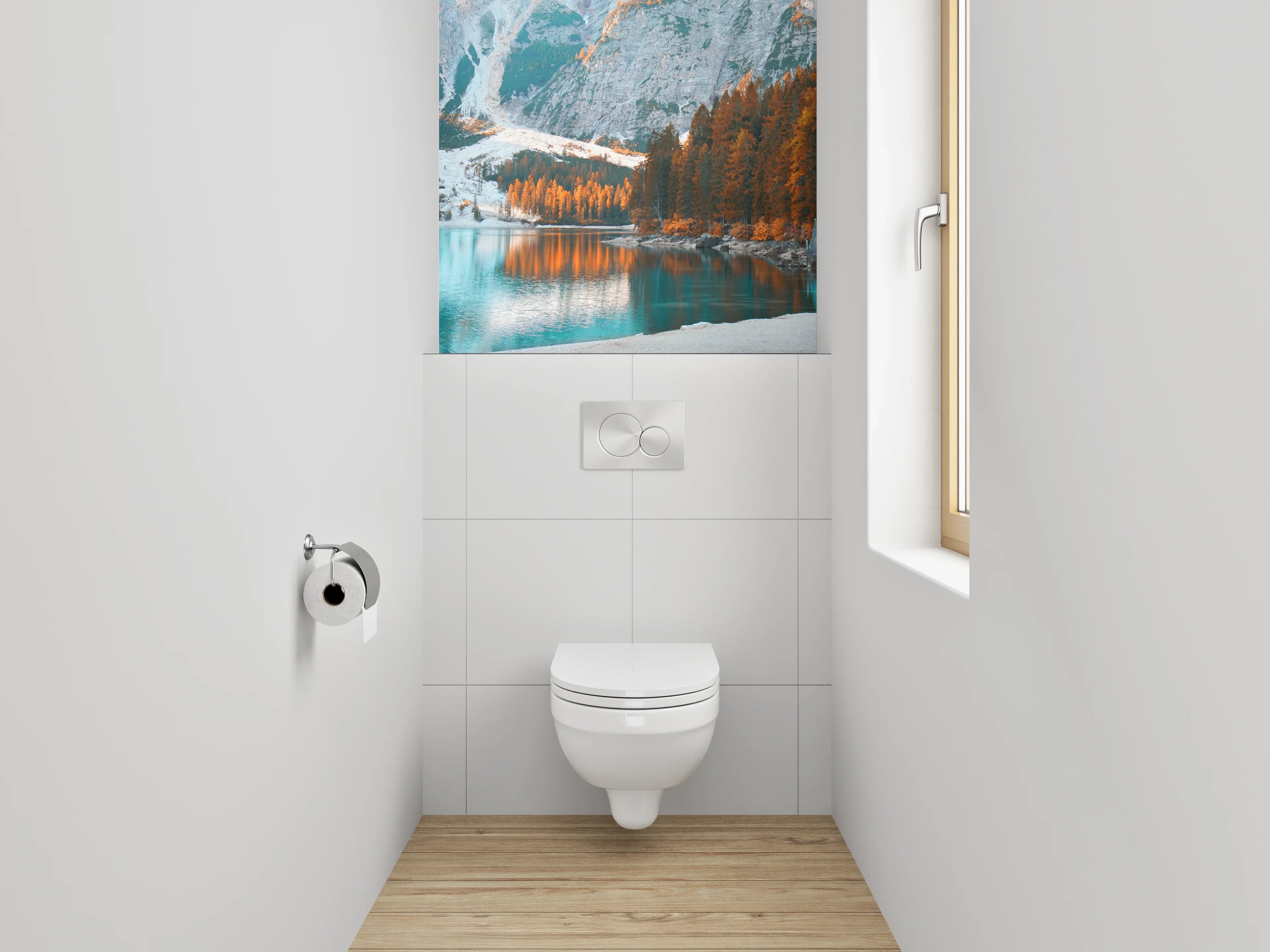 WC-Rückwand - Herbstlicher Bergsee mit Nadelwald