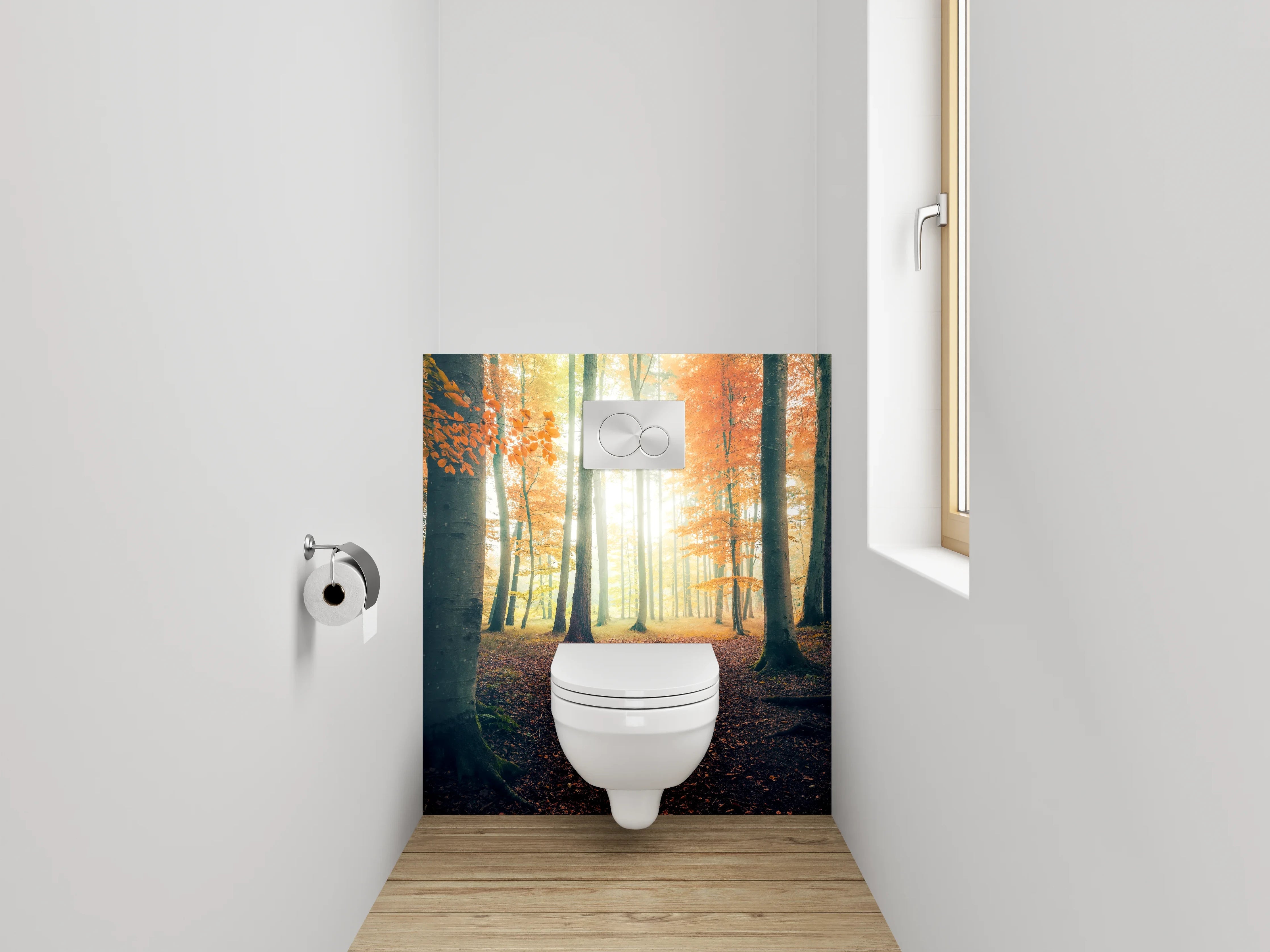 WC-Rückwand - Herbstlicher Lichtwald – Sonnenstrahlen im Wald
