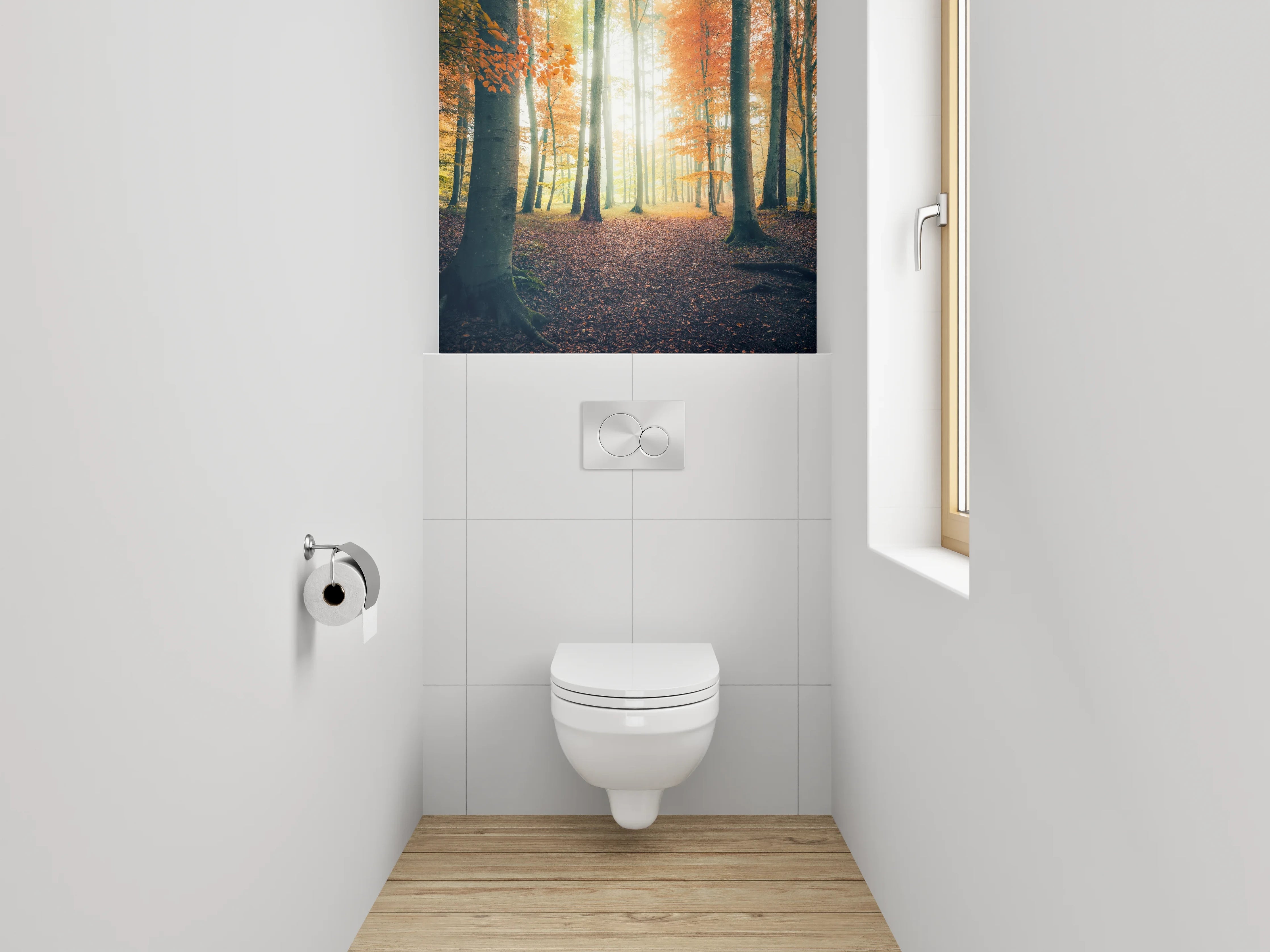 WC-Rückwand - Herbstlicher Lichtwald – Sonnenstrahlen im Wald