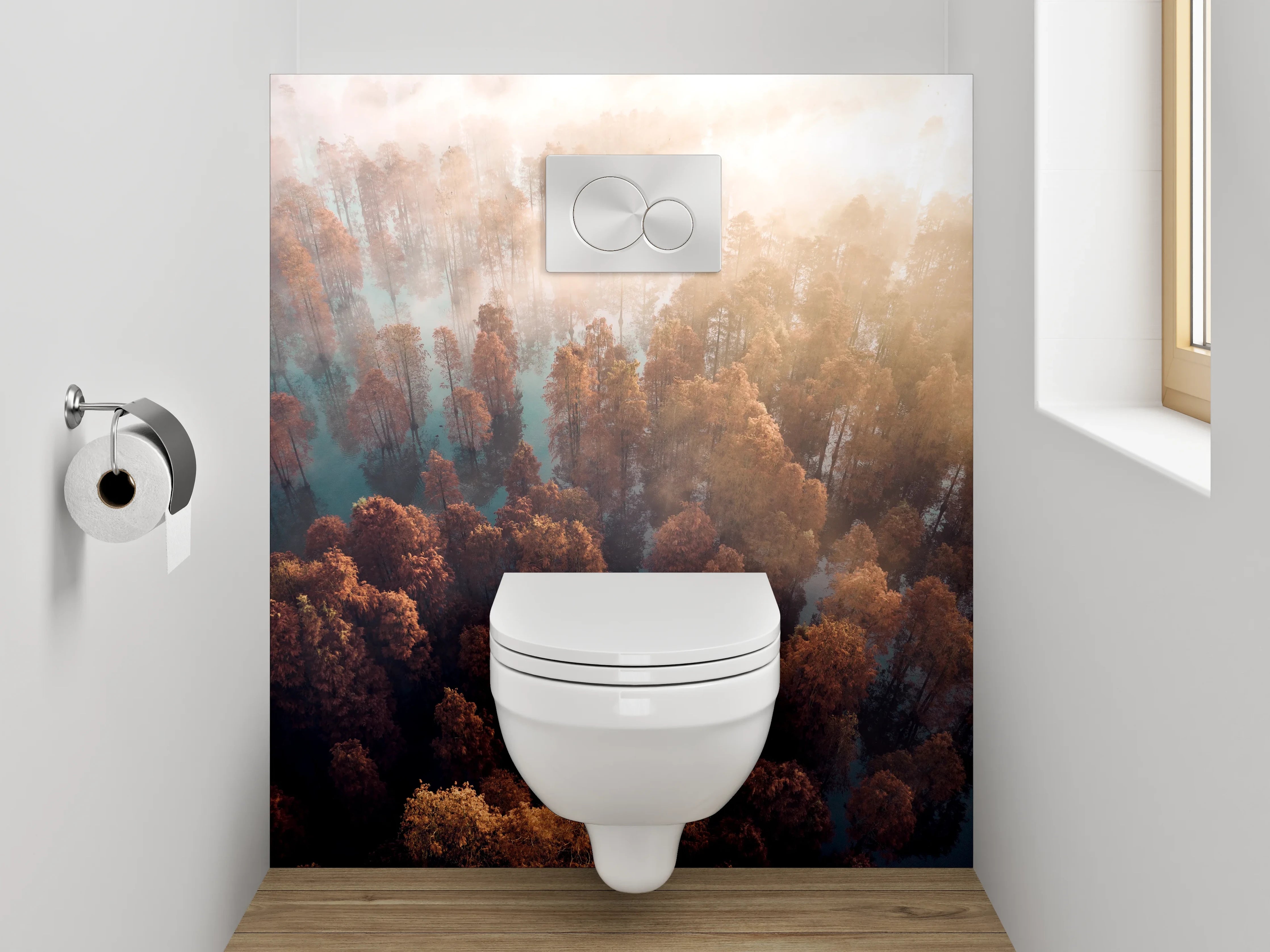 WC-Rückwand - Herbstlicher Nebelwald aus der Vogelperspektive