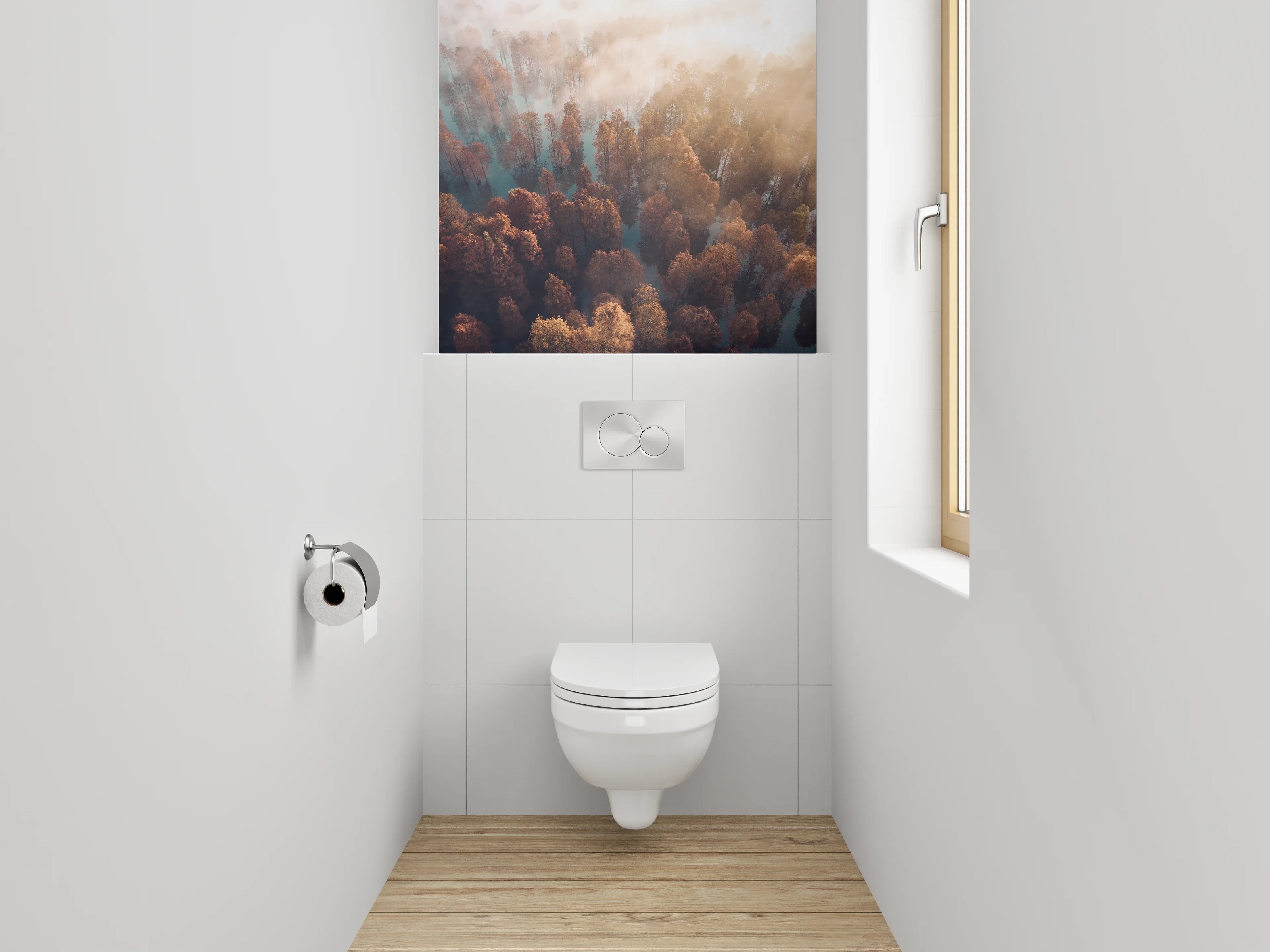 WC-Rückwand - Herbstlicher Nebelwald aus der Vogelperspektive
