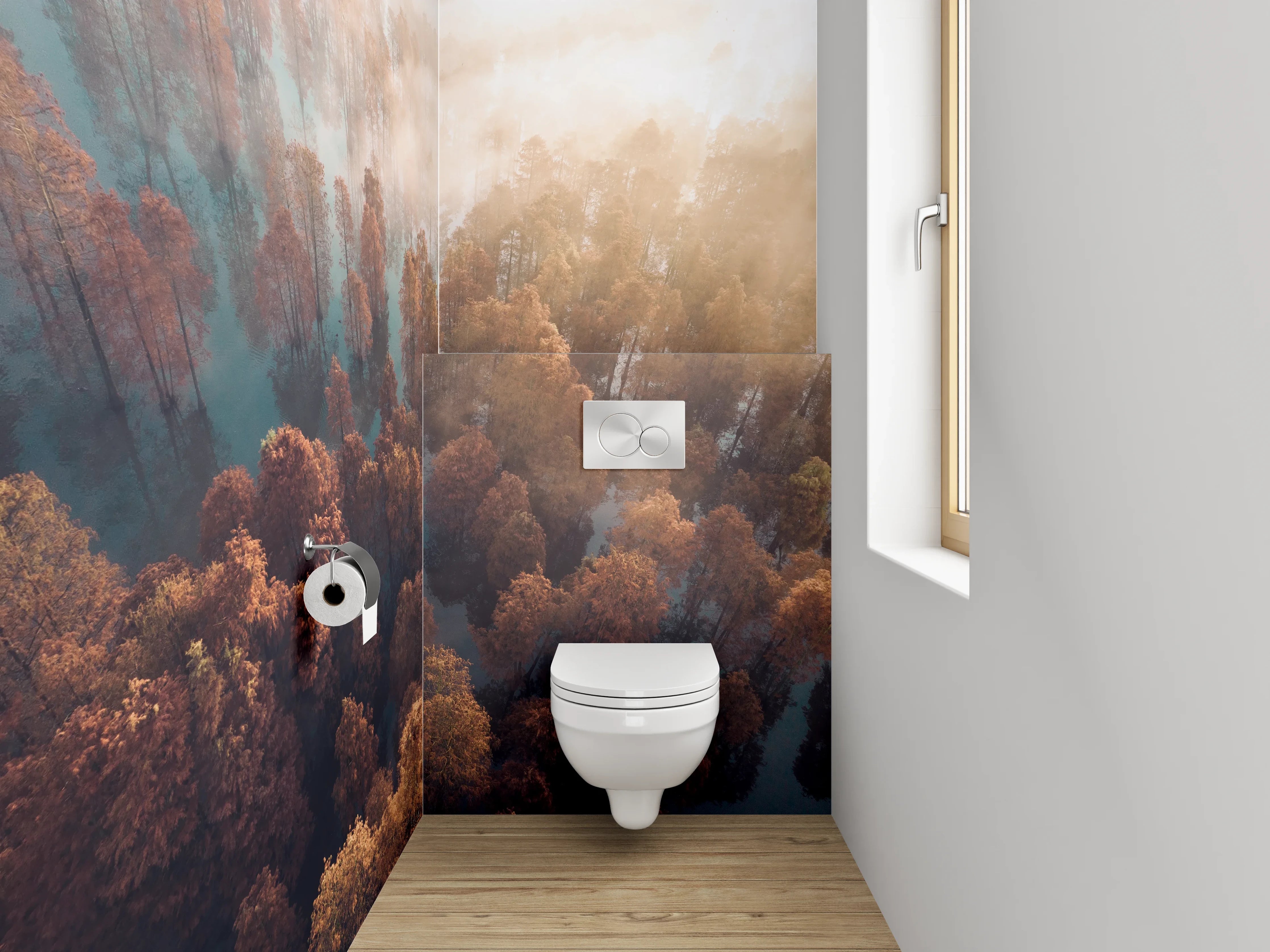 WC-Rückwand - Herbstlicher Nebelwald aus der Vogelperspektive