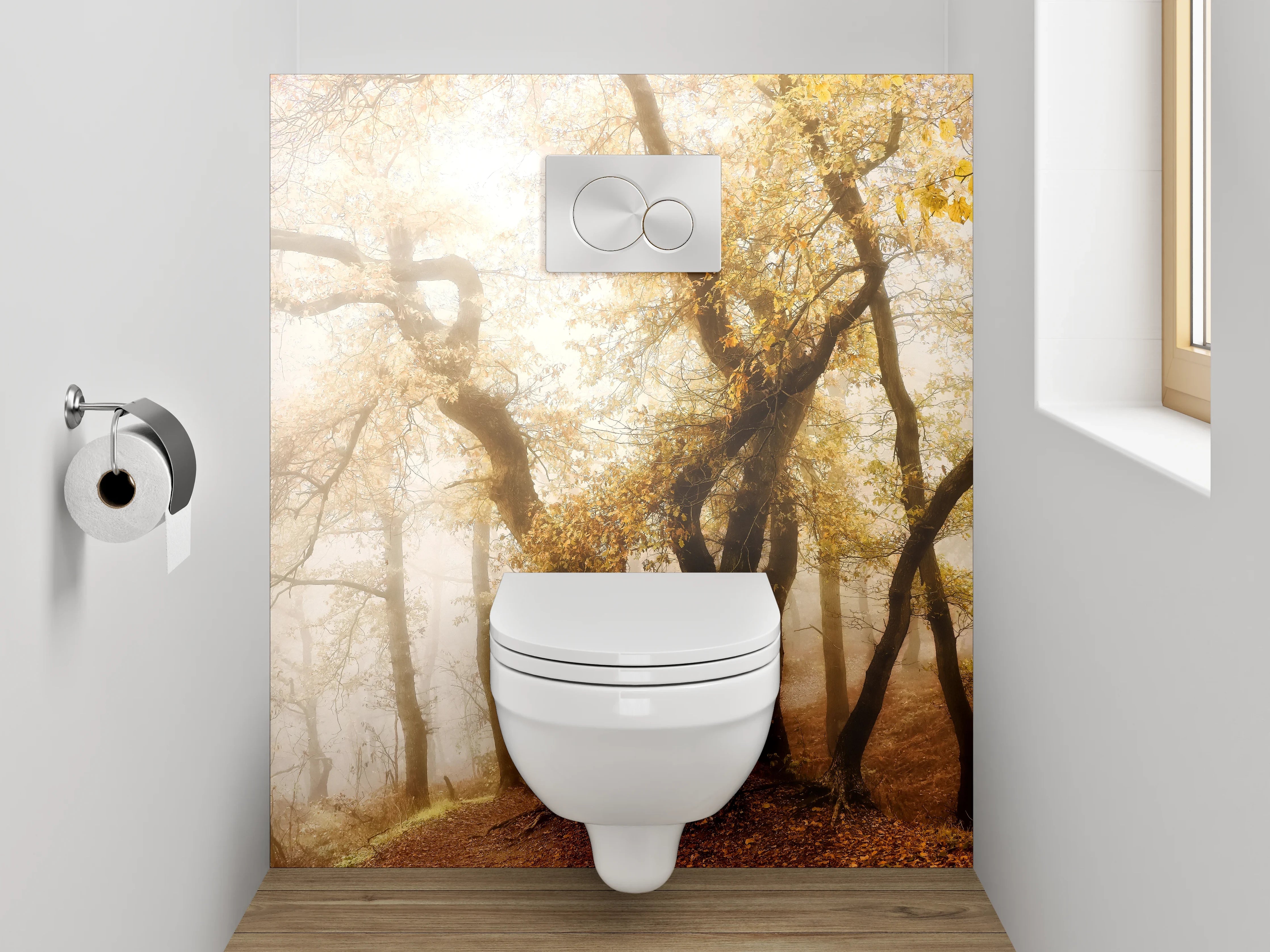 WC-Rückwand - Herbstlicher Nebelwald im Morgenlicht