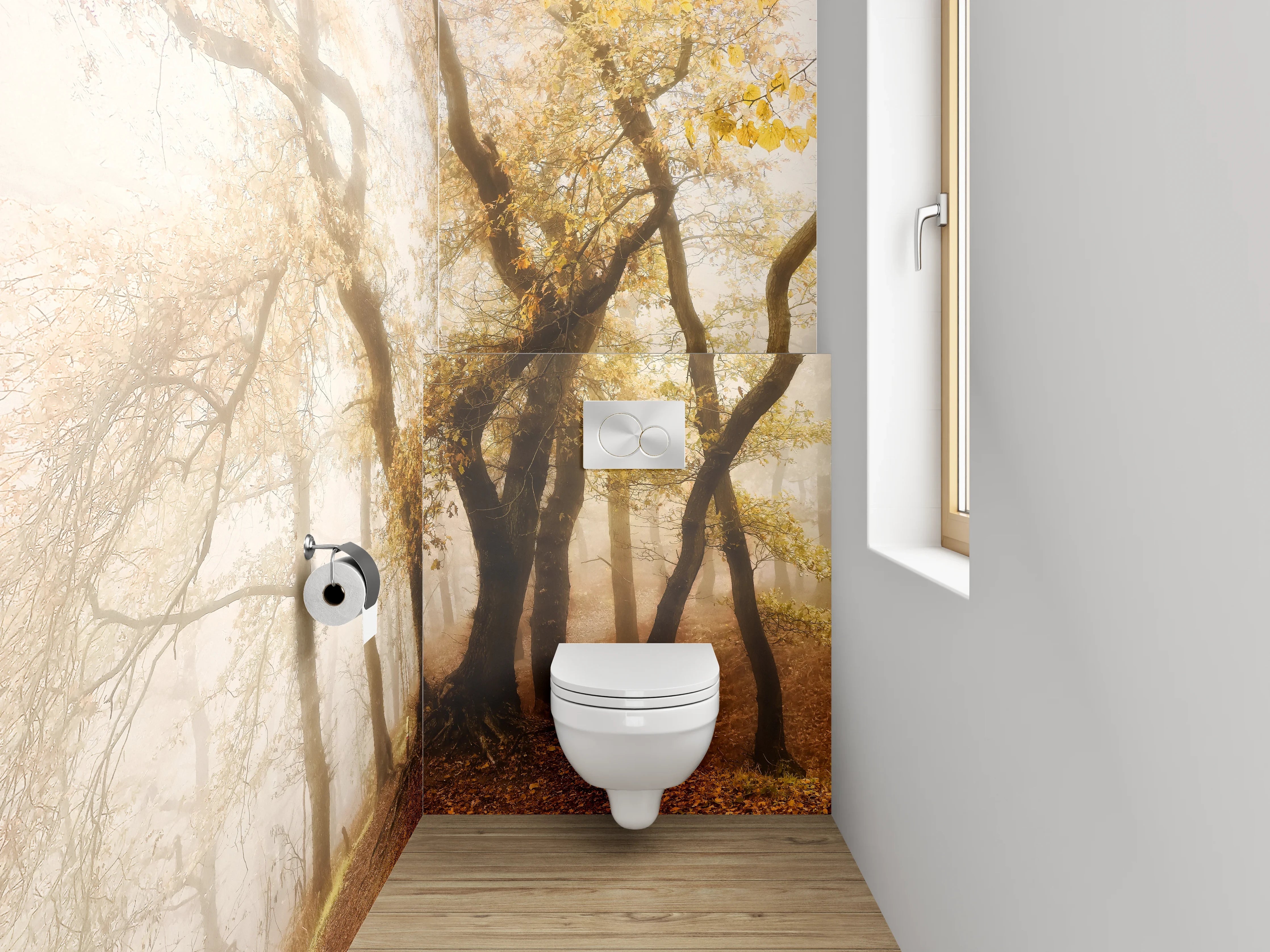 WC-Rückwand - Herbstlicher Nebelwald im Morgenlicht