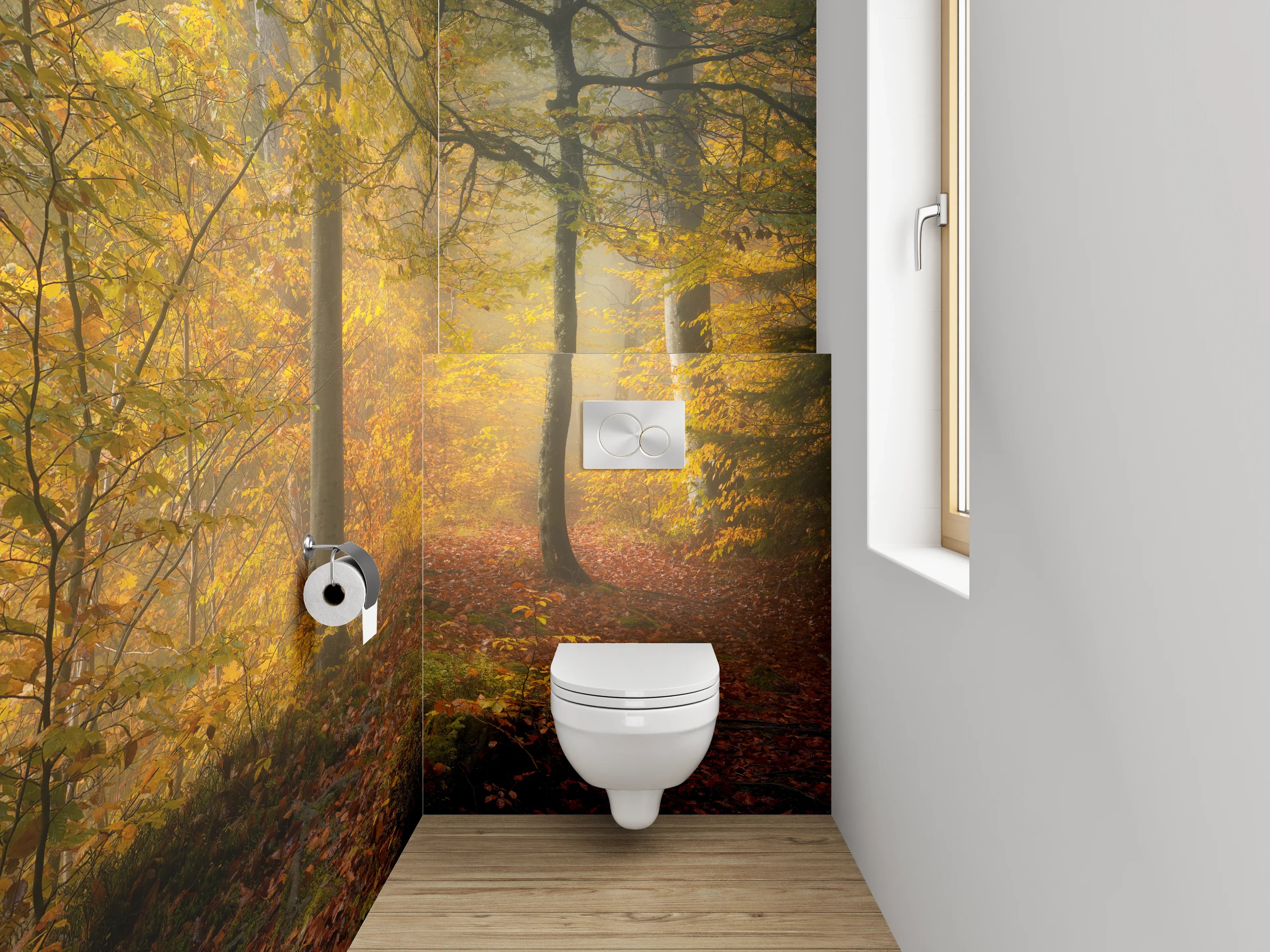 WC-Rückwand - Herbstlicher Wald im Morgenlicht
