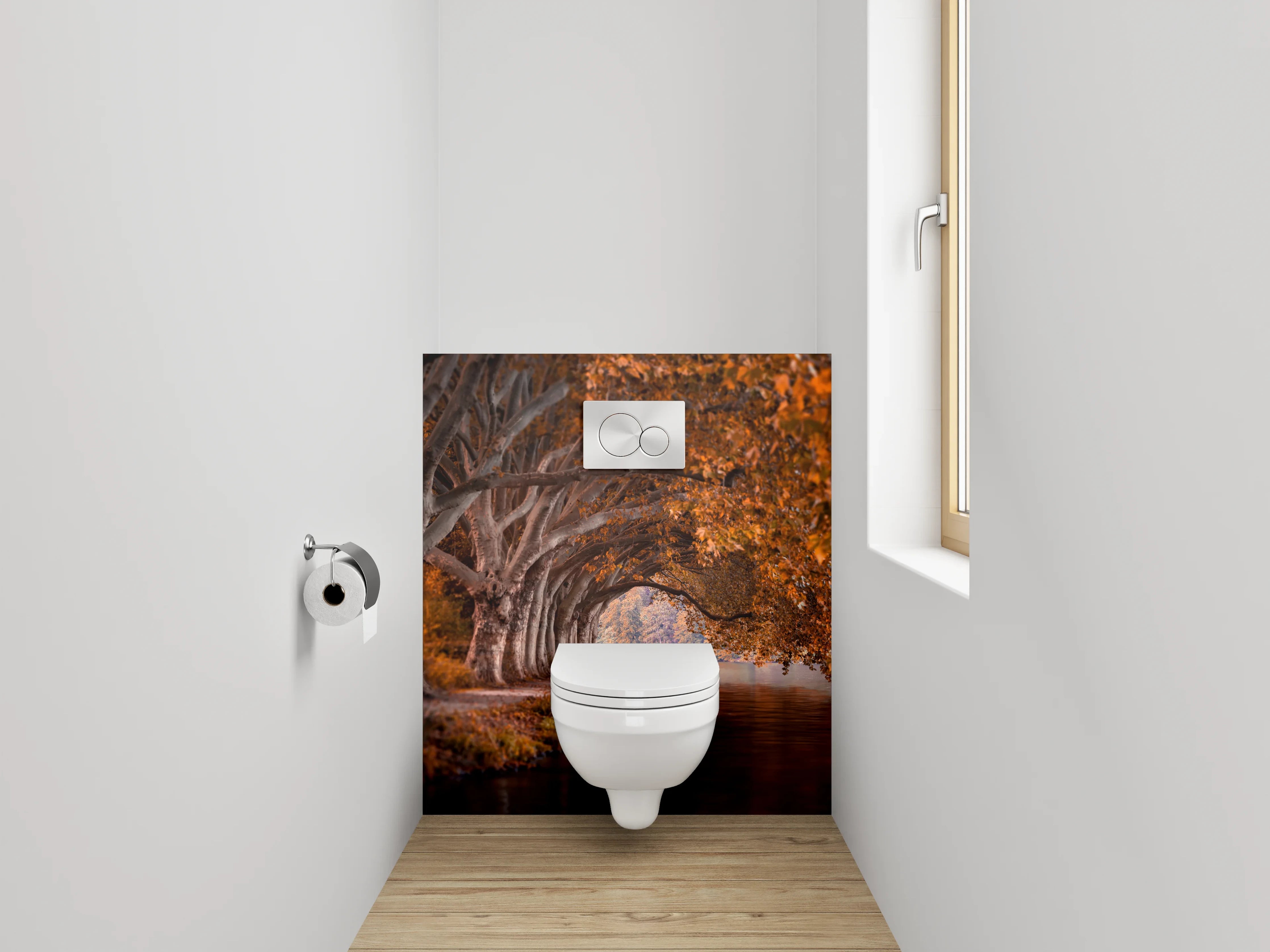 WC-Rückwand - Herbstlicher Waldweg am Flussufer