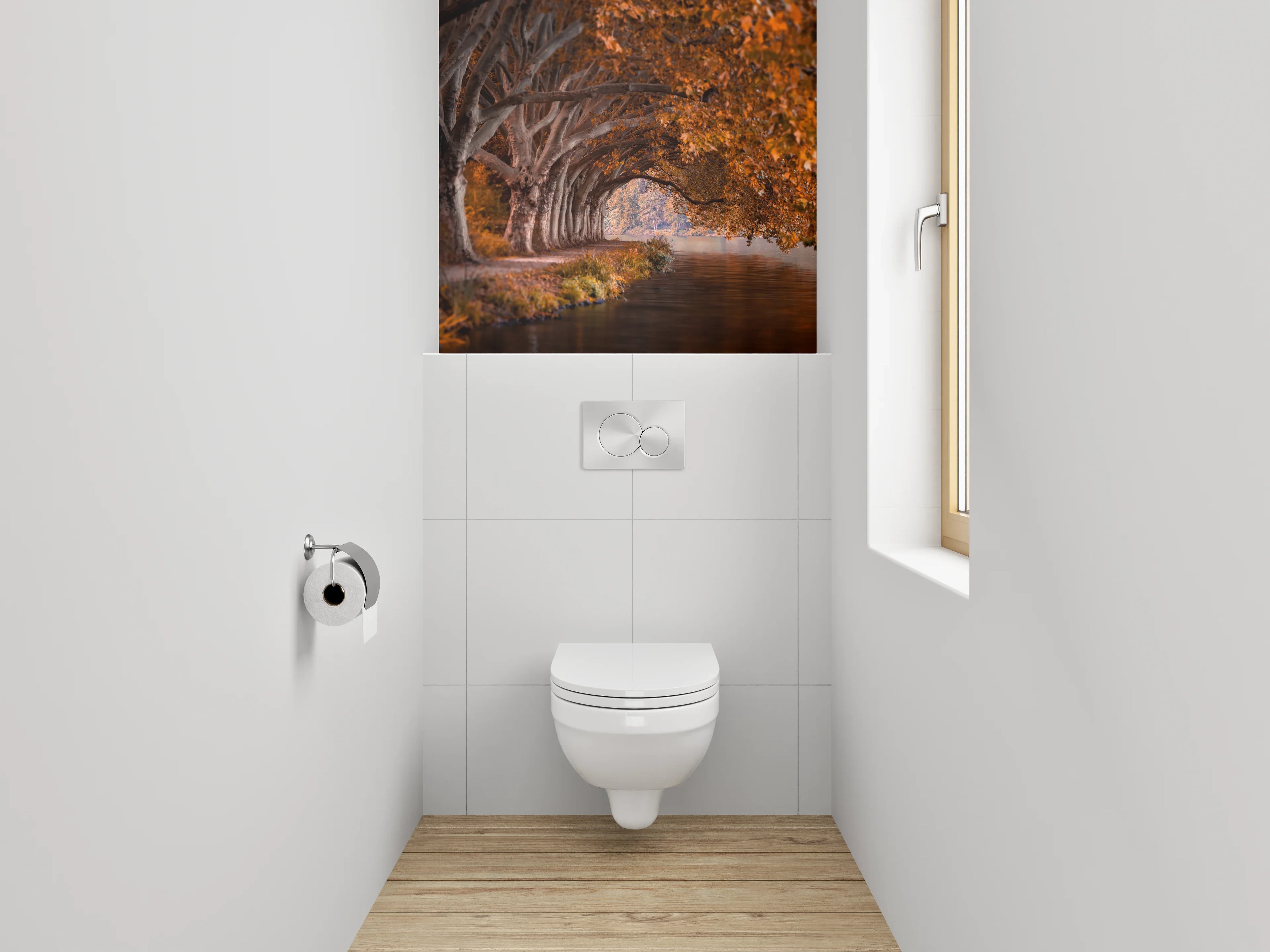 WC-Rückwand - Herbstlicher Waldweg am Flussufer