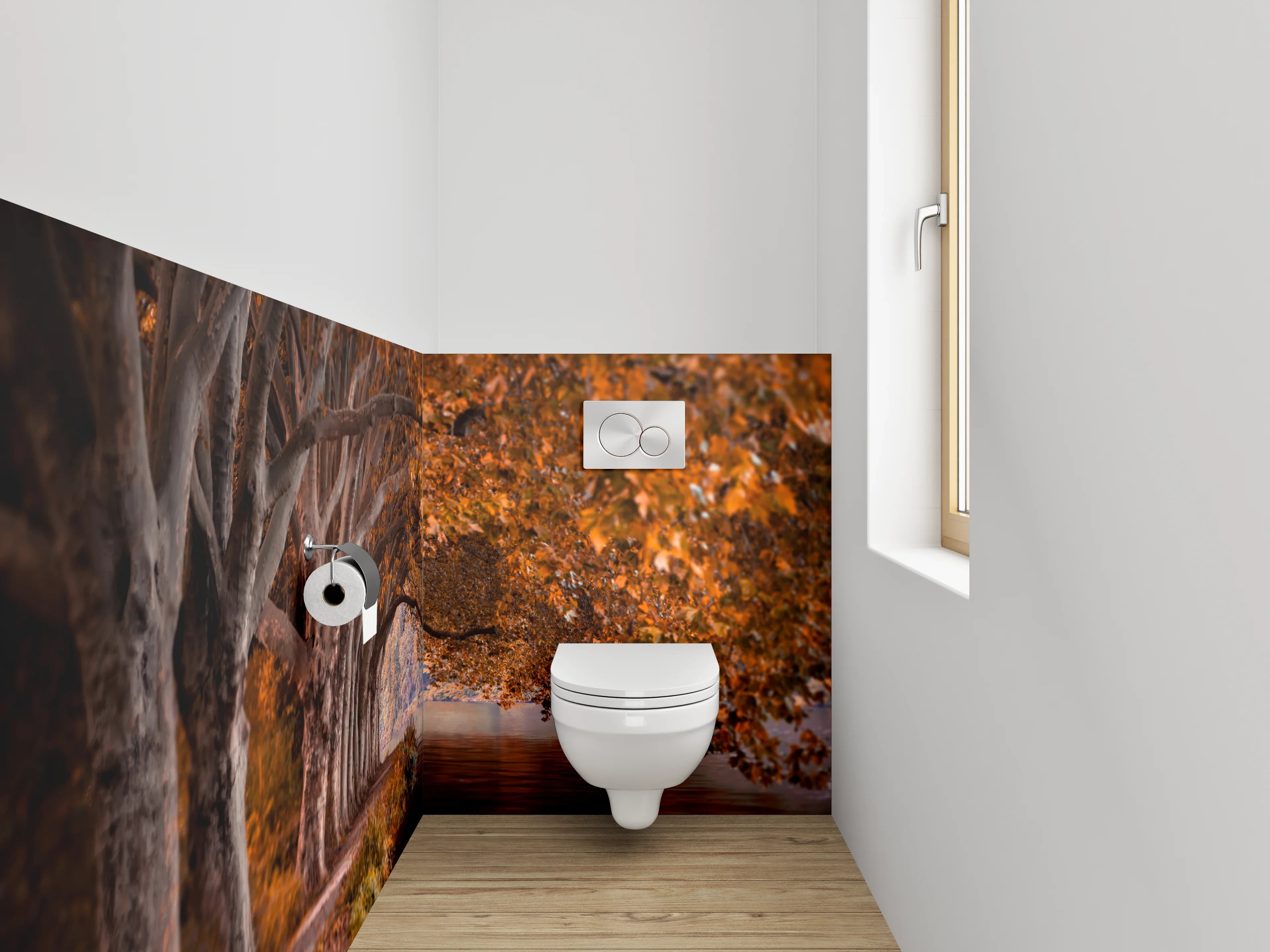 WC-Rückwand - Herbstlicher Waldweg am Flussufer
