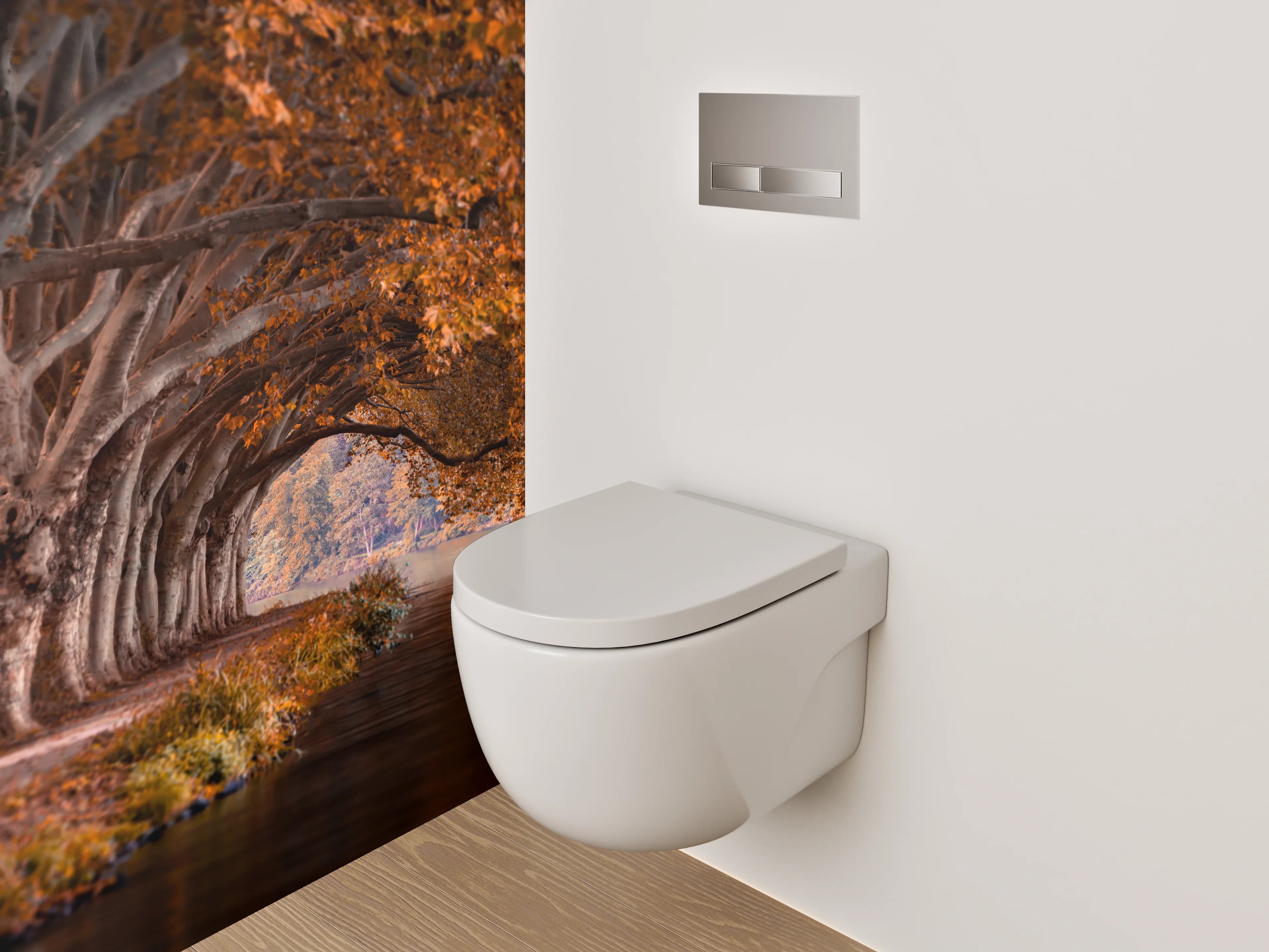 WC-Rückwand - Herbstlicher Waldweg am Flussufer