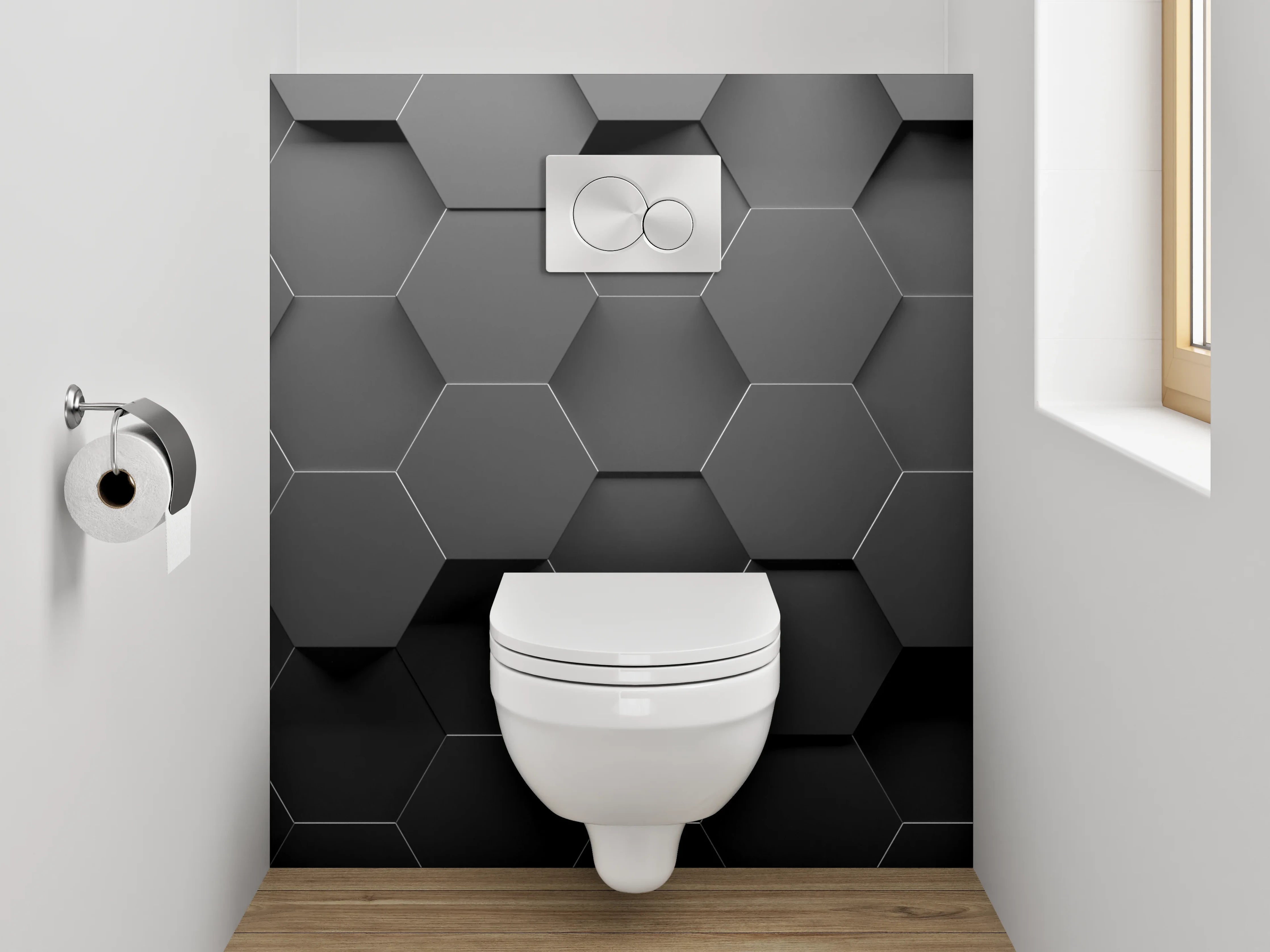 WC-Rückwand - Hexagon 3D Schwarz Grau Modern