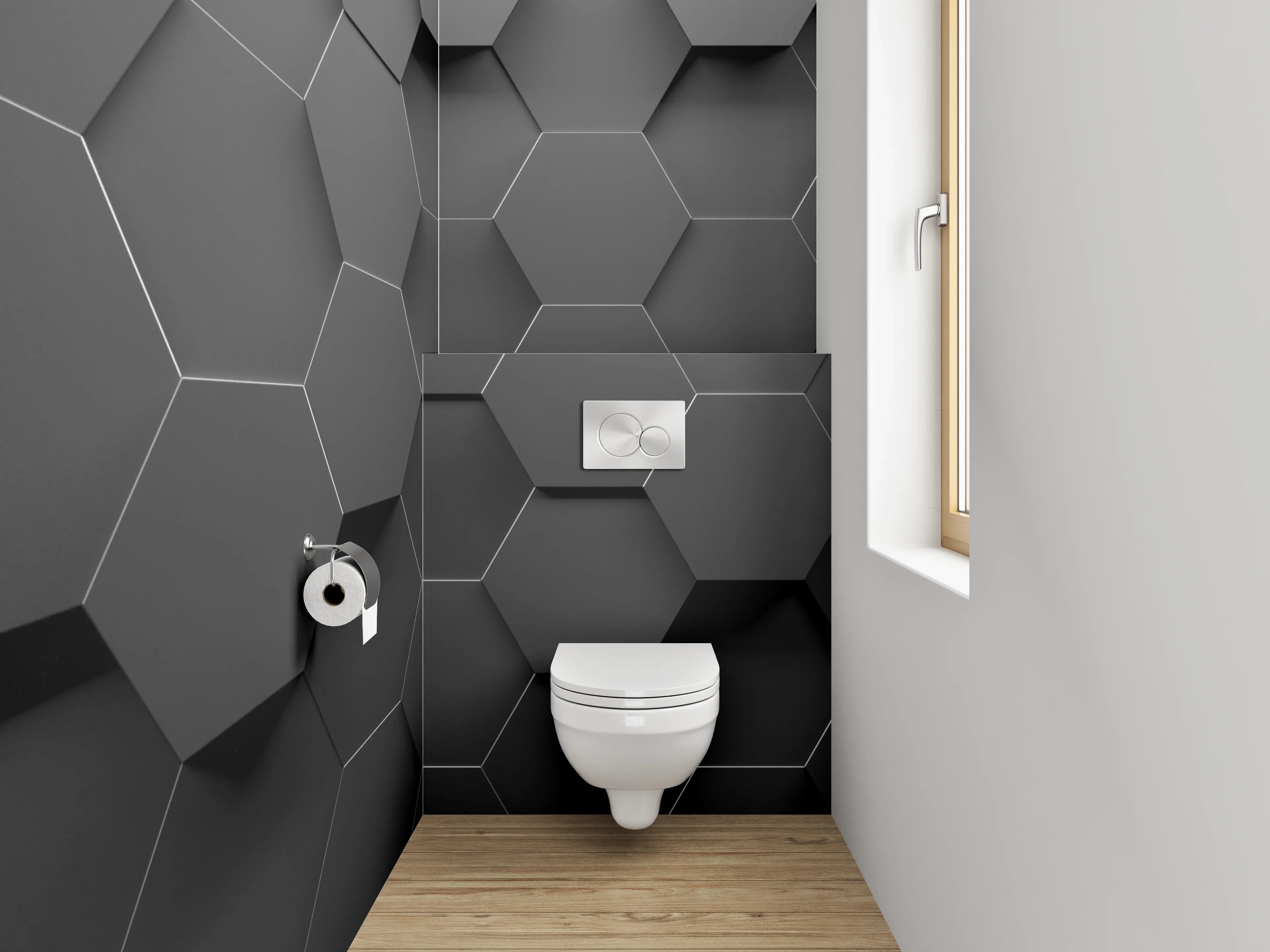 WC-Rückwand - Hexagon 3D Schwarz Grau Modern