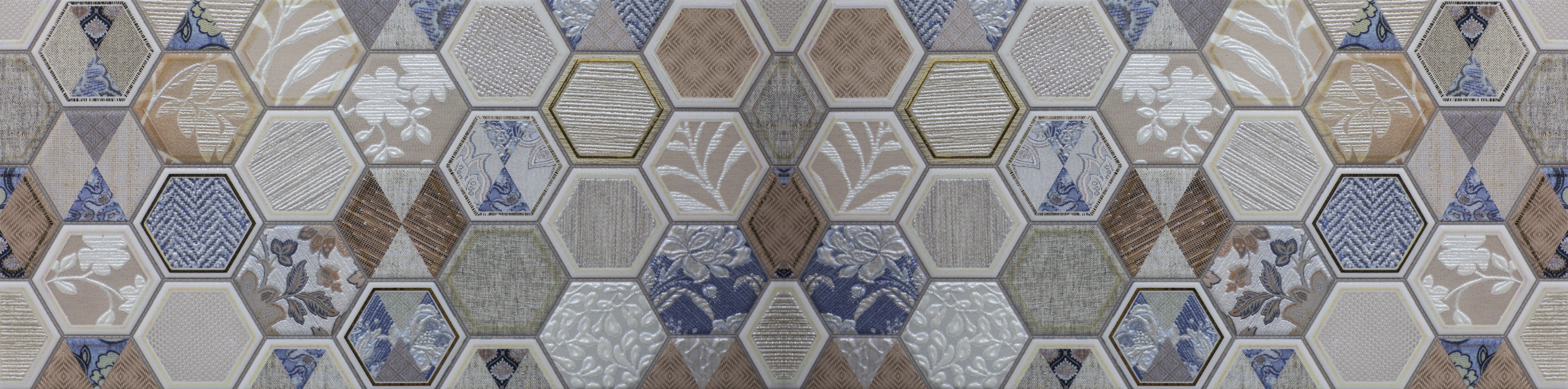 WC-Rückwand-Hexagon Fliesen Patchwork Blau Grau