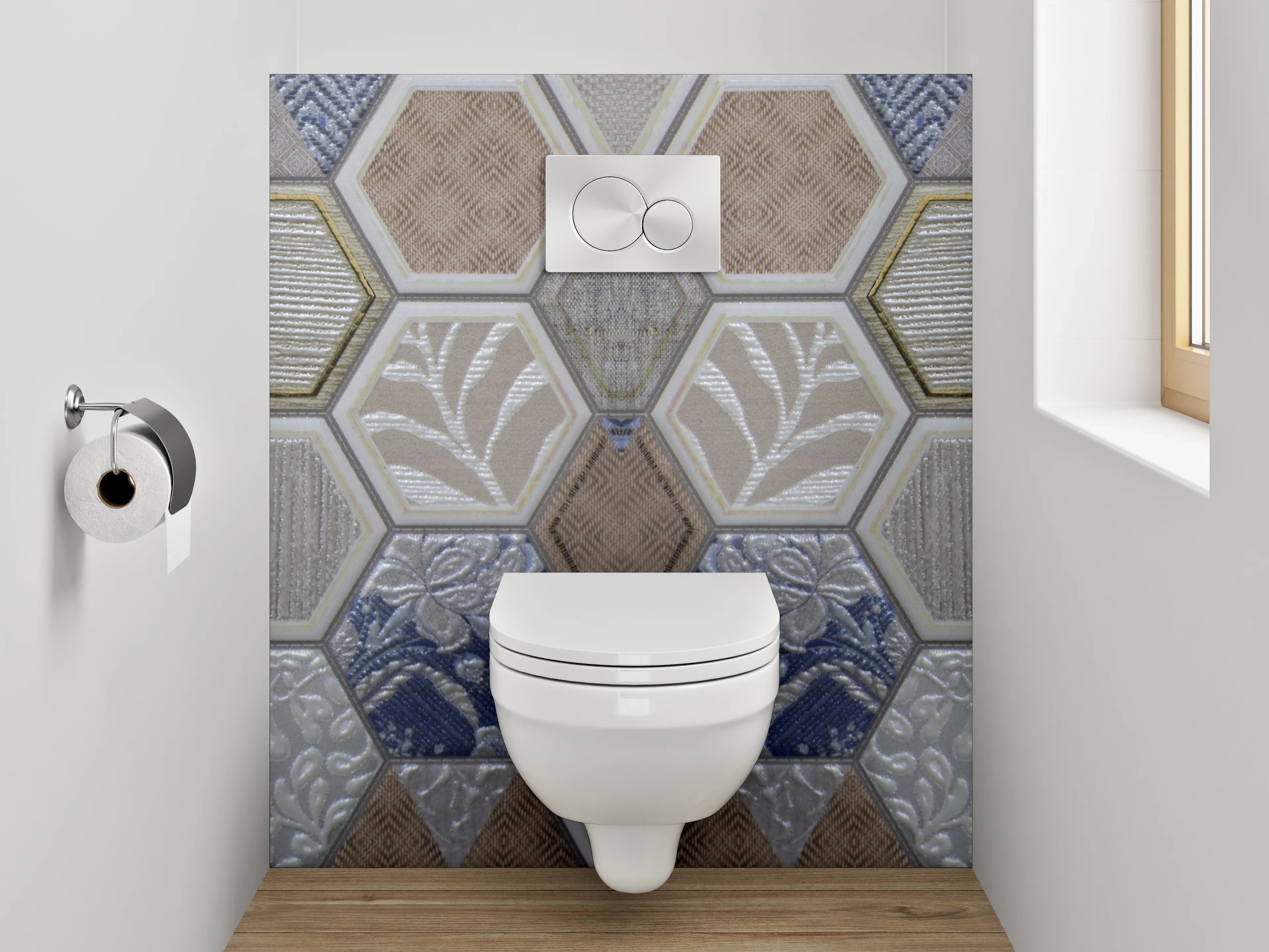 WC-Rückwand - Hexagon Fliesen Patchwork Blau Grau
