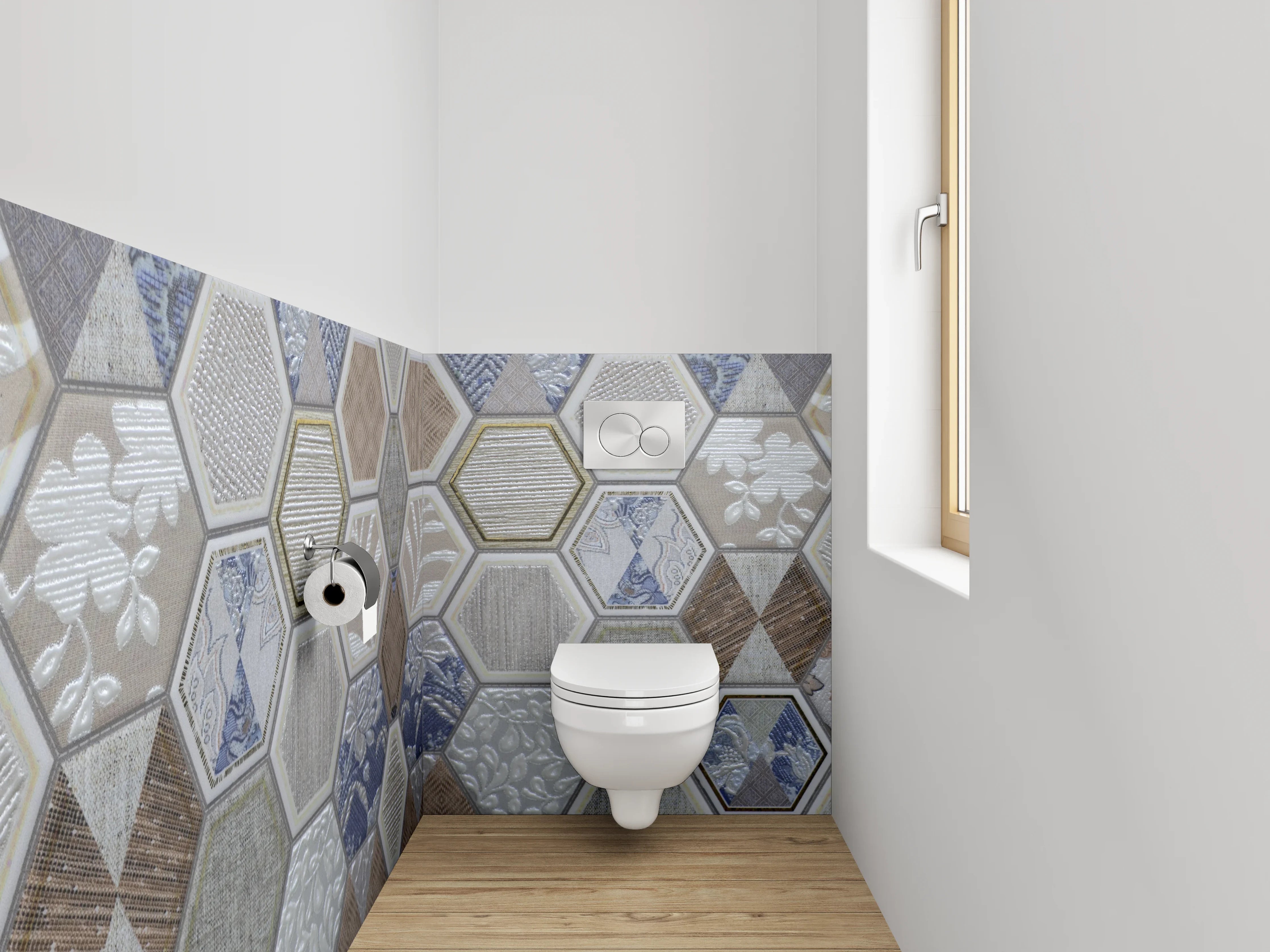 WC-Rückwand - Hexagon Fliesen Patchwork Blau Grau