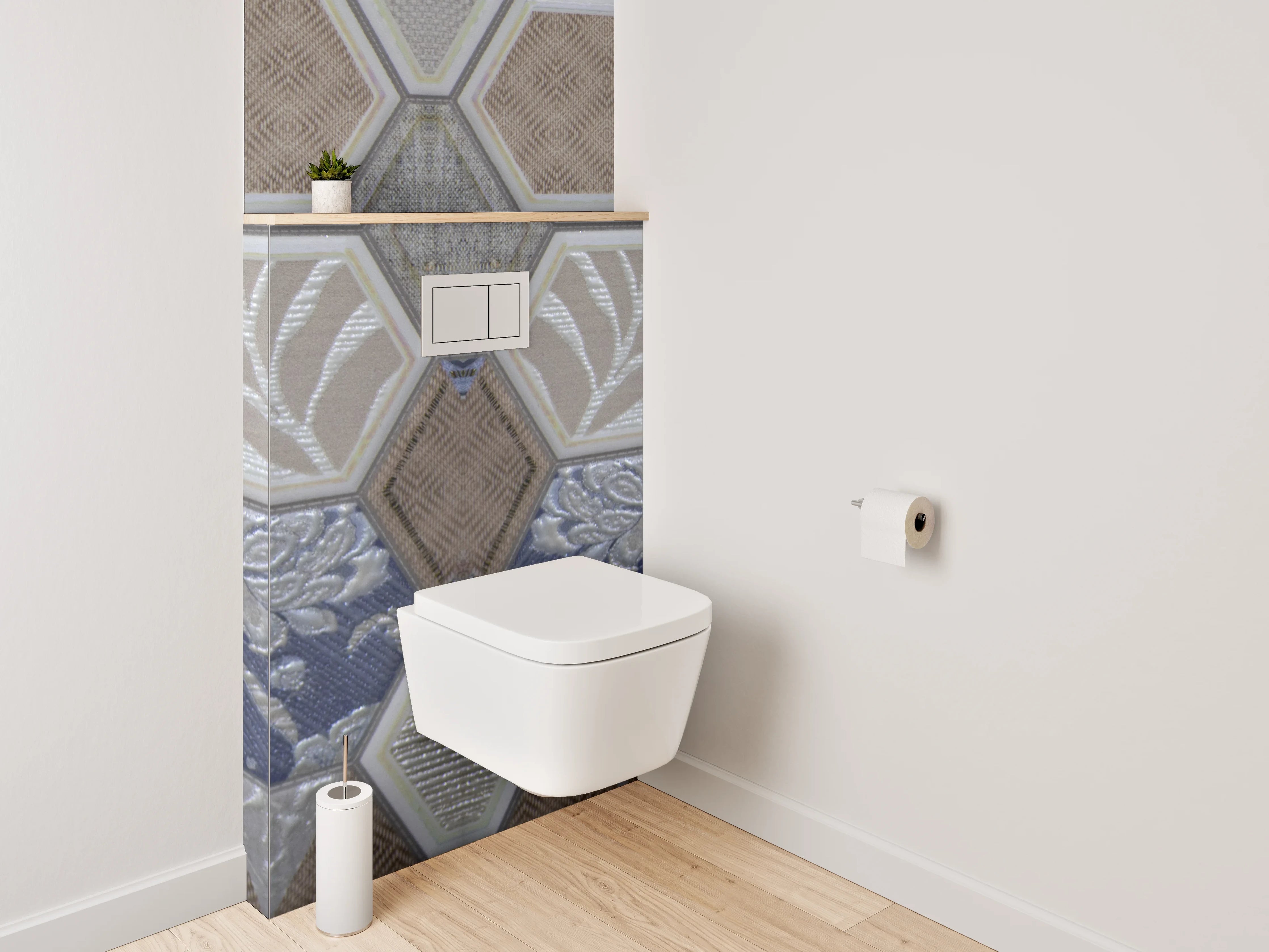 WC-Rückwand - Hexagon Fliesen Patchwork Blau Grau