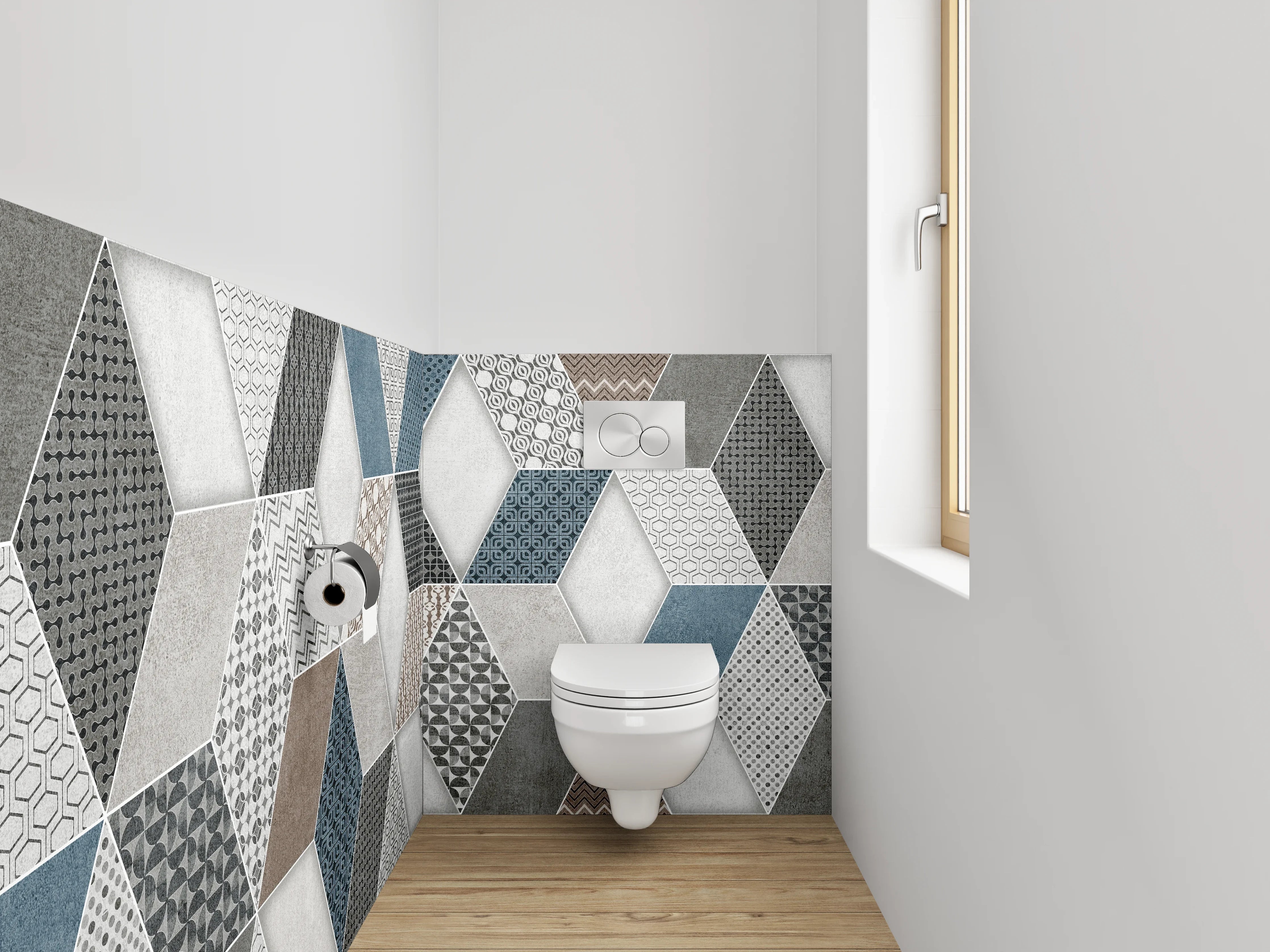 WC-Rückwand - Hexagon Mosaik Fliesen Blau Grau