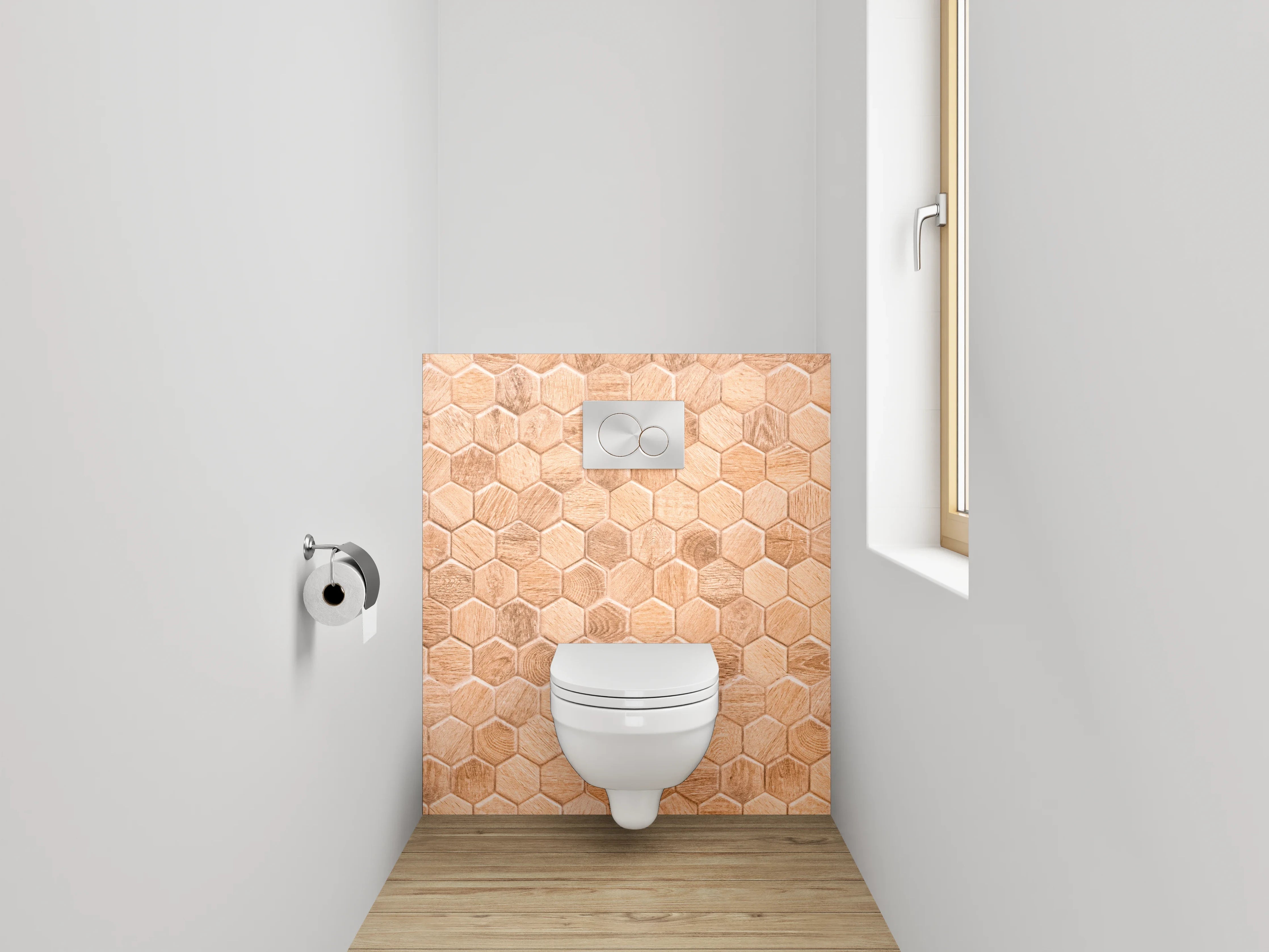 WC-Rückwand - Hexagon Mosaik Fliesen Holzoptik Braun