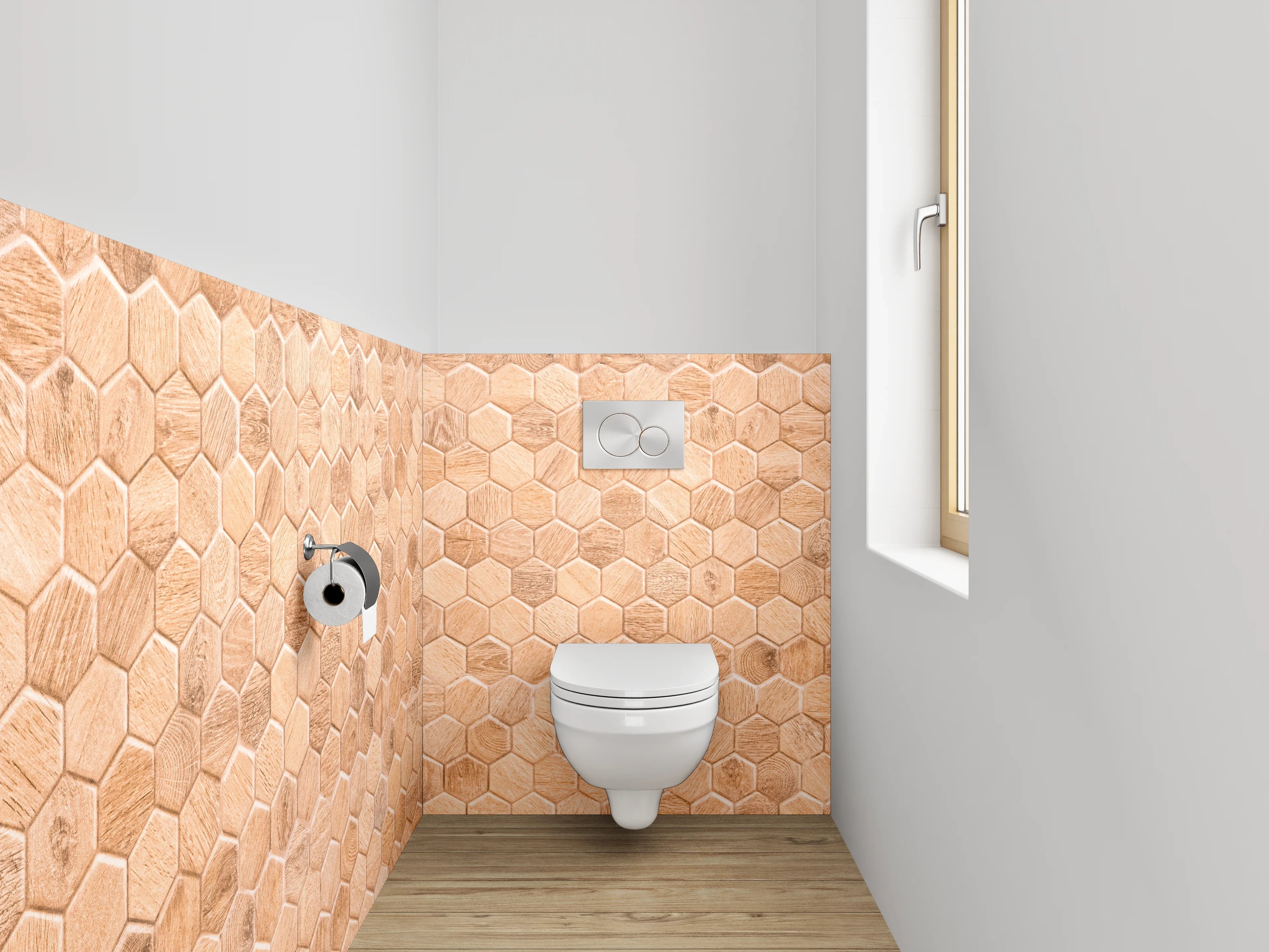 WC-Rückwand - Hexagon Mosaik Fliesen Holzoptik Braun