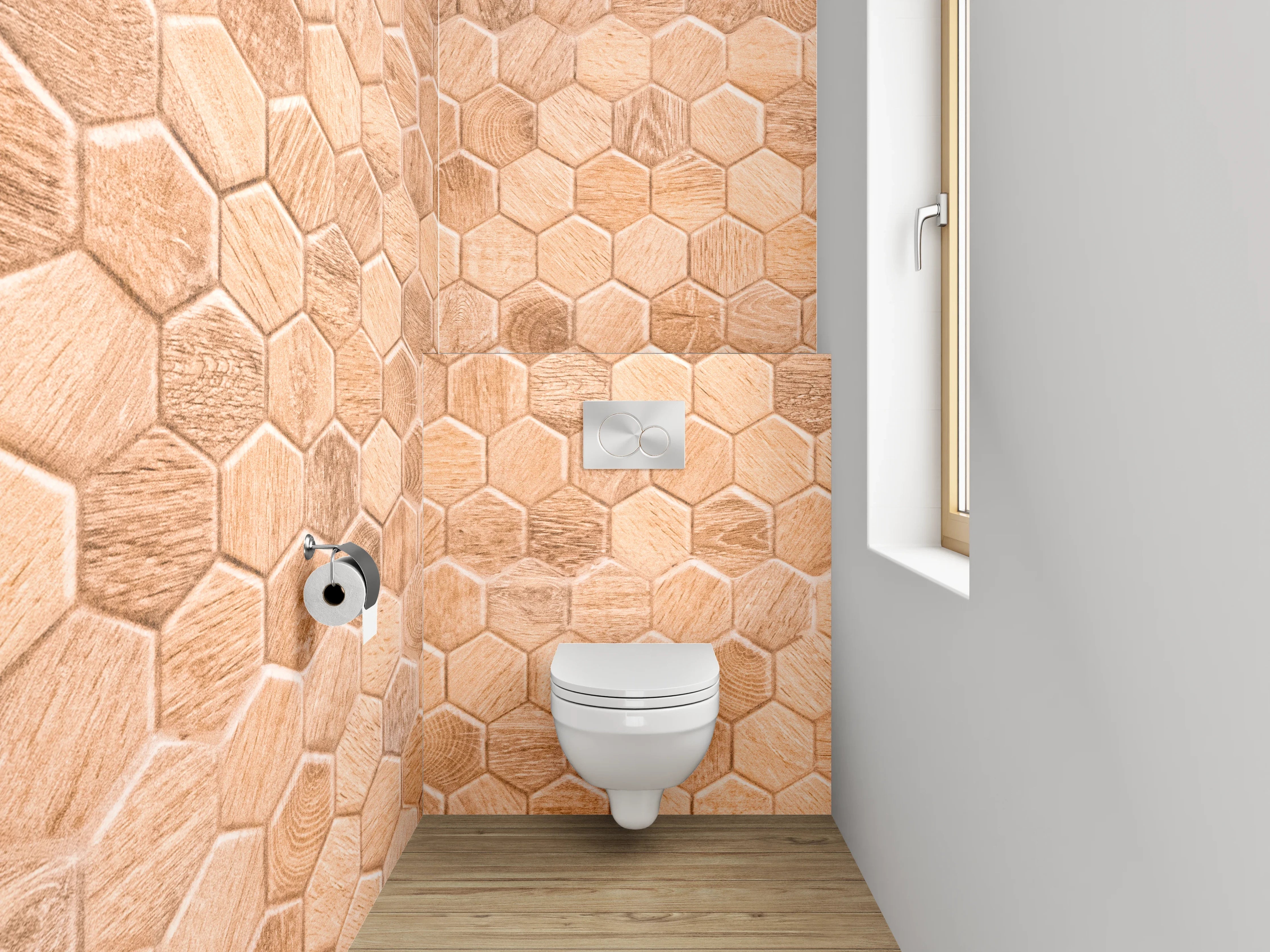 WC-Rückwand - Hexagon Mosaik Fliesen Holzoptik Braun