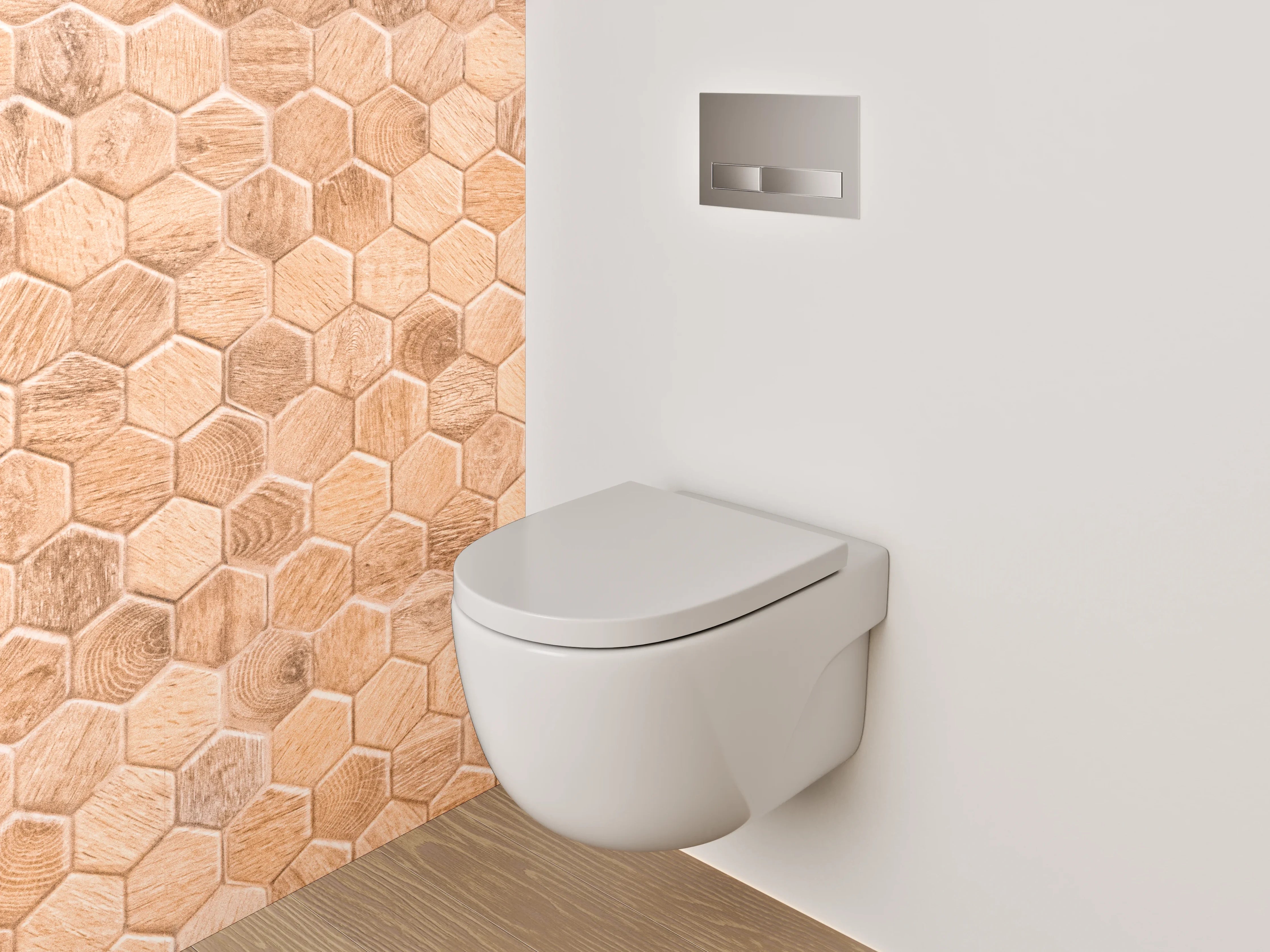 WC-Rückwand - Hexagon Mosaik Fliesen Holzoptik Braun