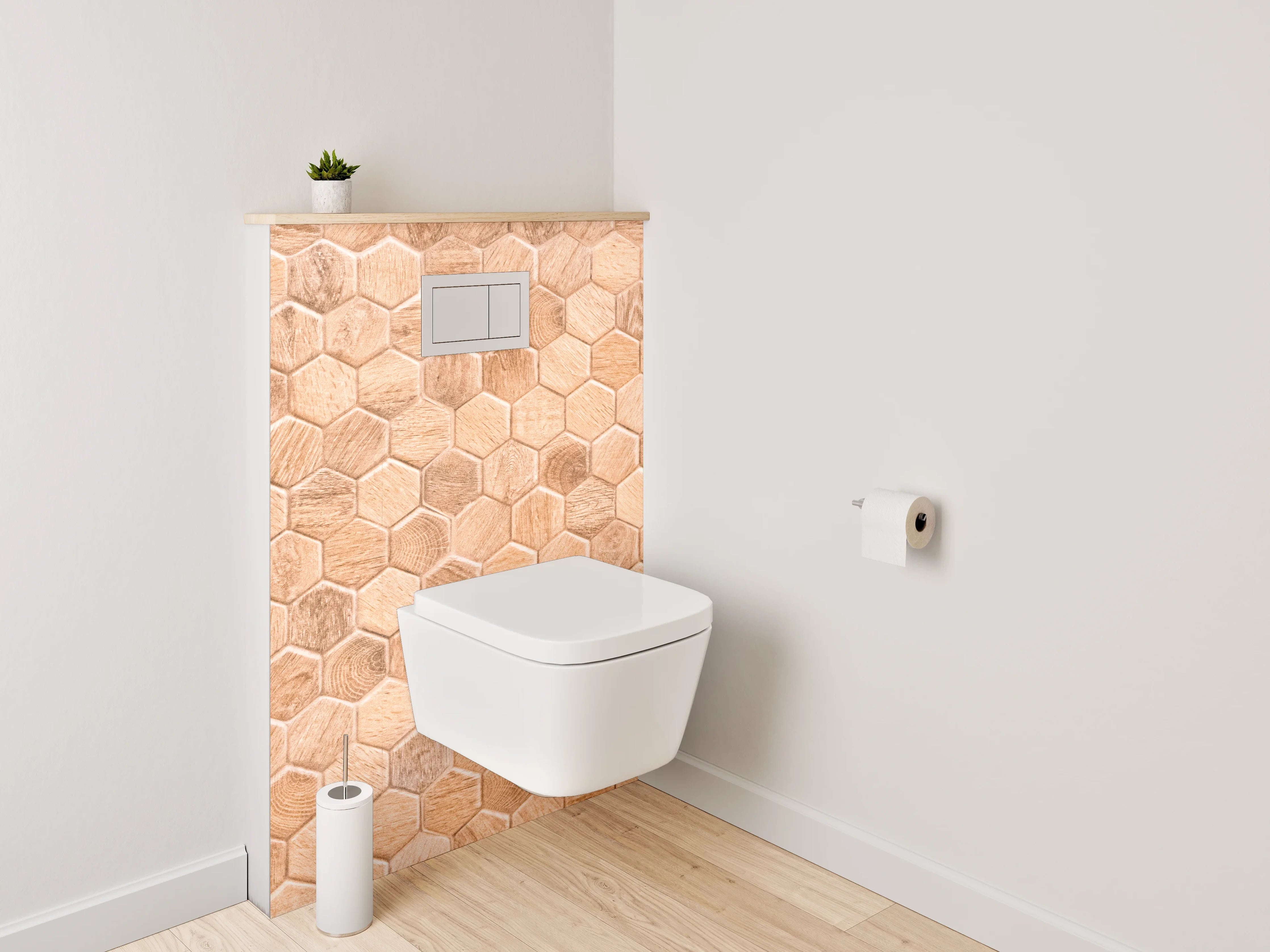 WC-Rückwand - Hexagon Mosaik Fliesen Holzoptik Braun
