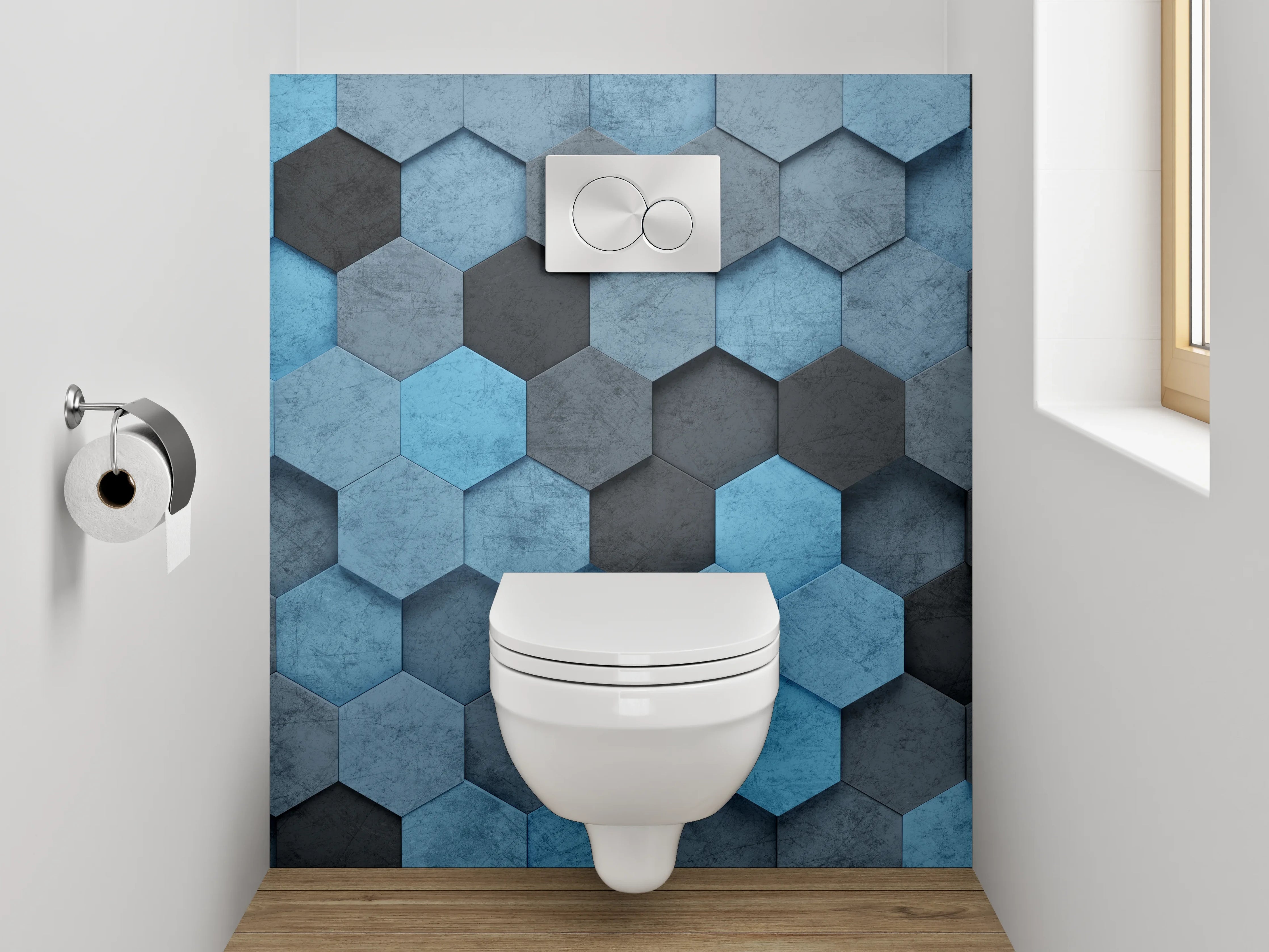 WC-Rückwand - Hexagon Mosaik in Blau und Grau