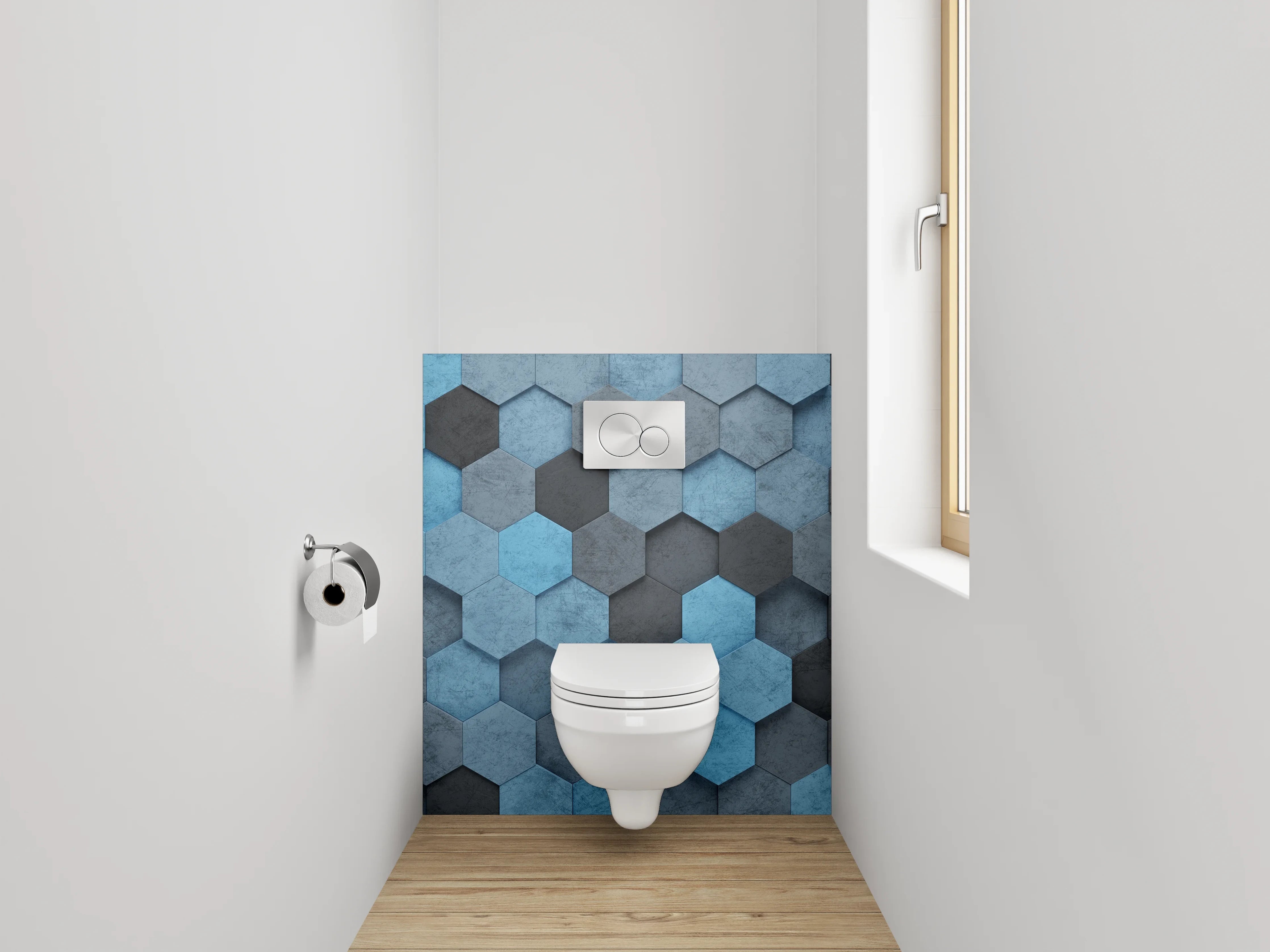WC-Rückwand - Hexagon Mosaik in Blau und Grau