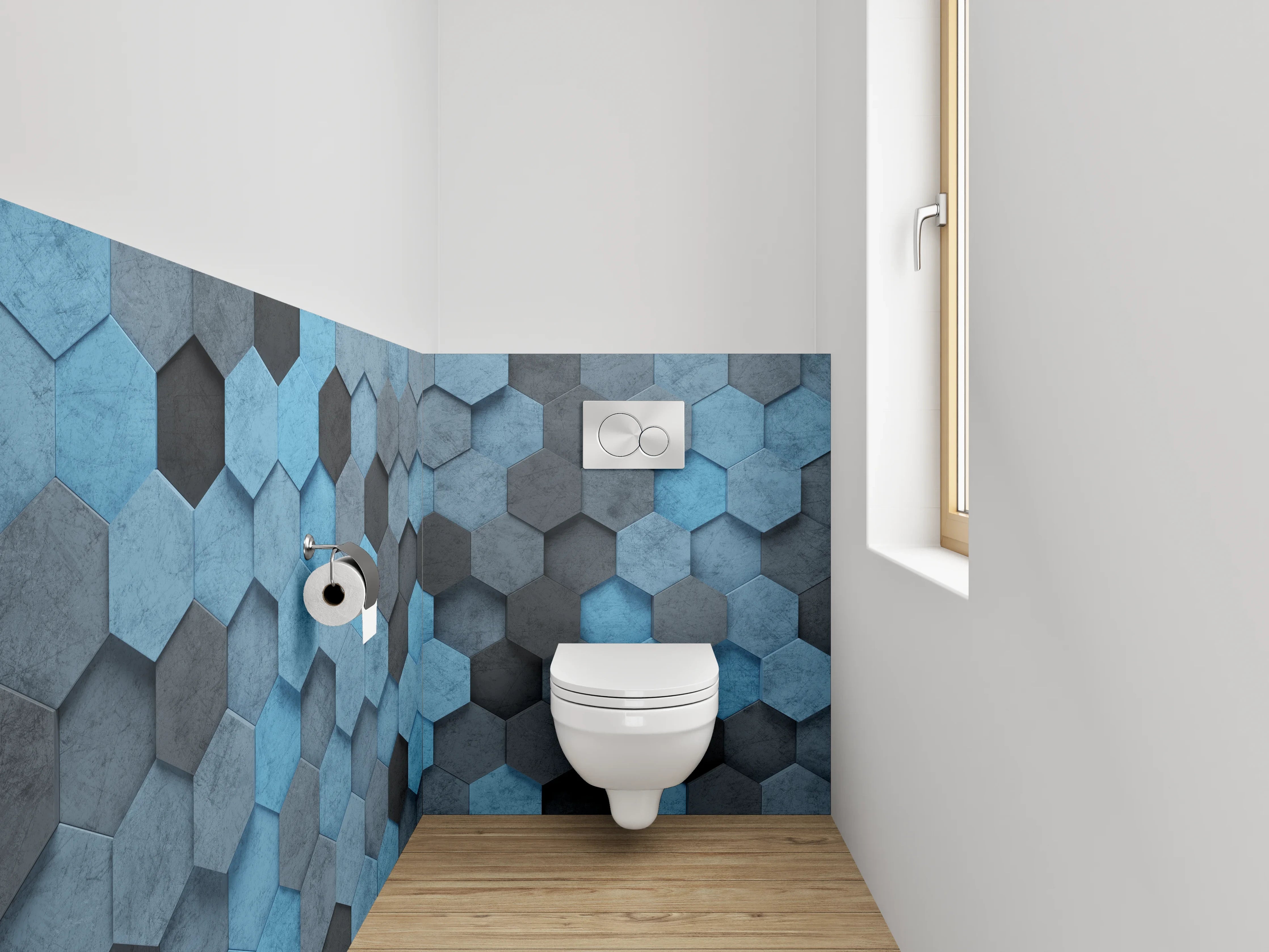 WC-Rückwand - Hexagon Mosaik in Blau und Grau