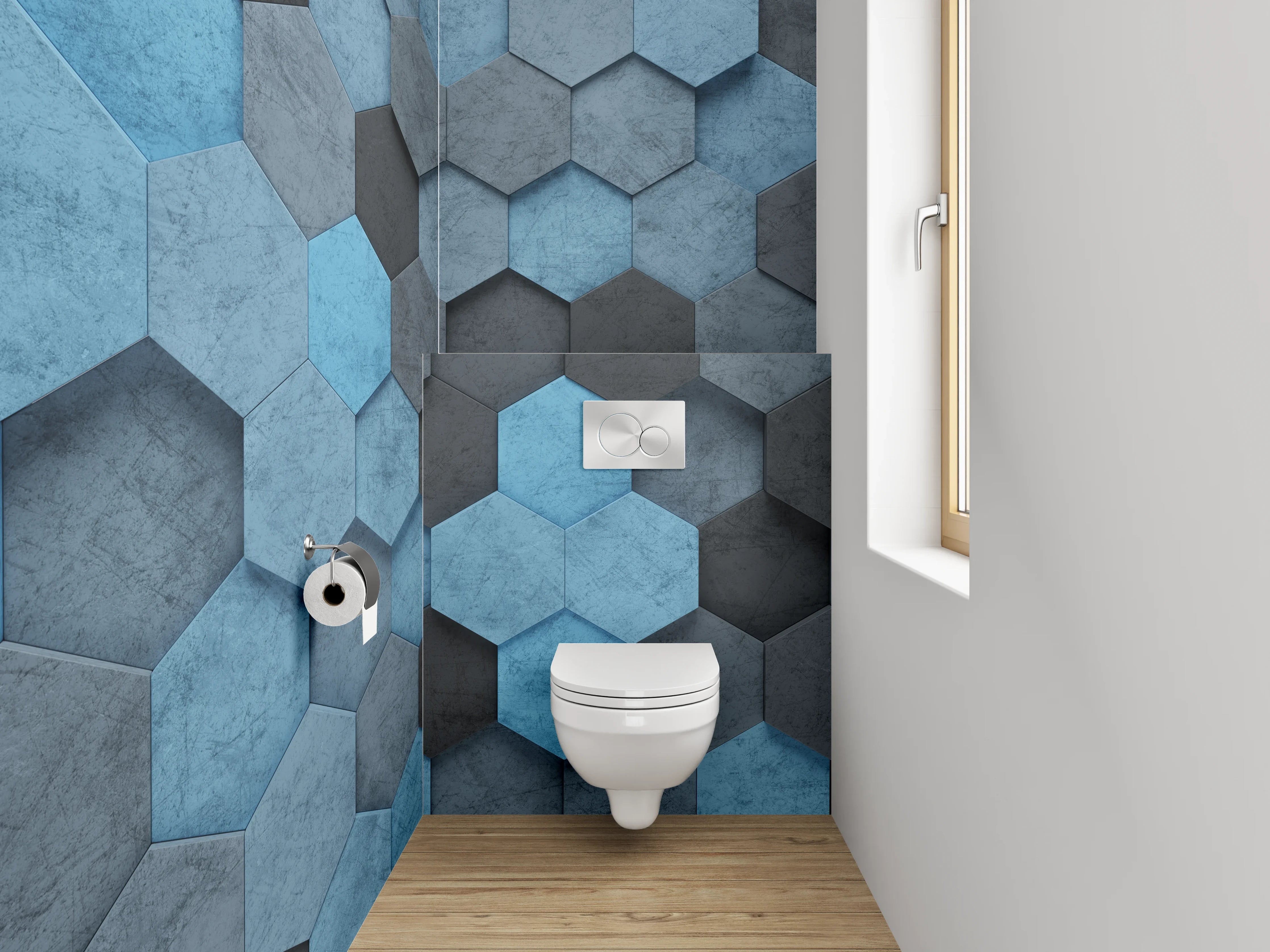 WC-Rückwand - Hexagon Mosaik in Blau und Grau