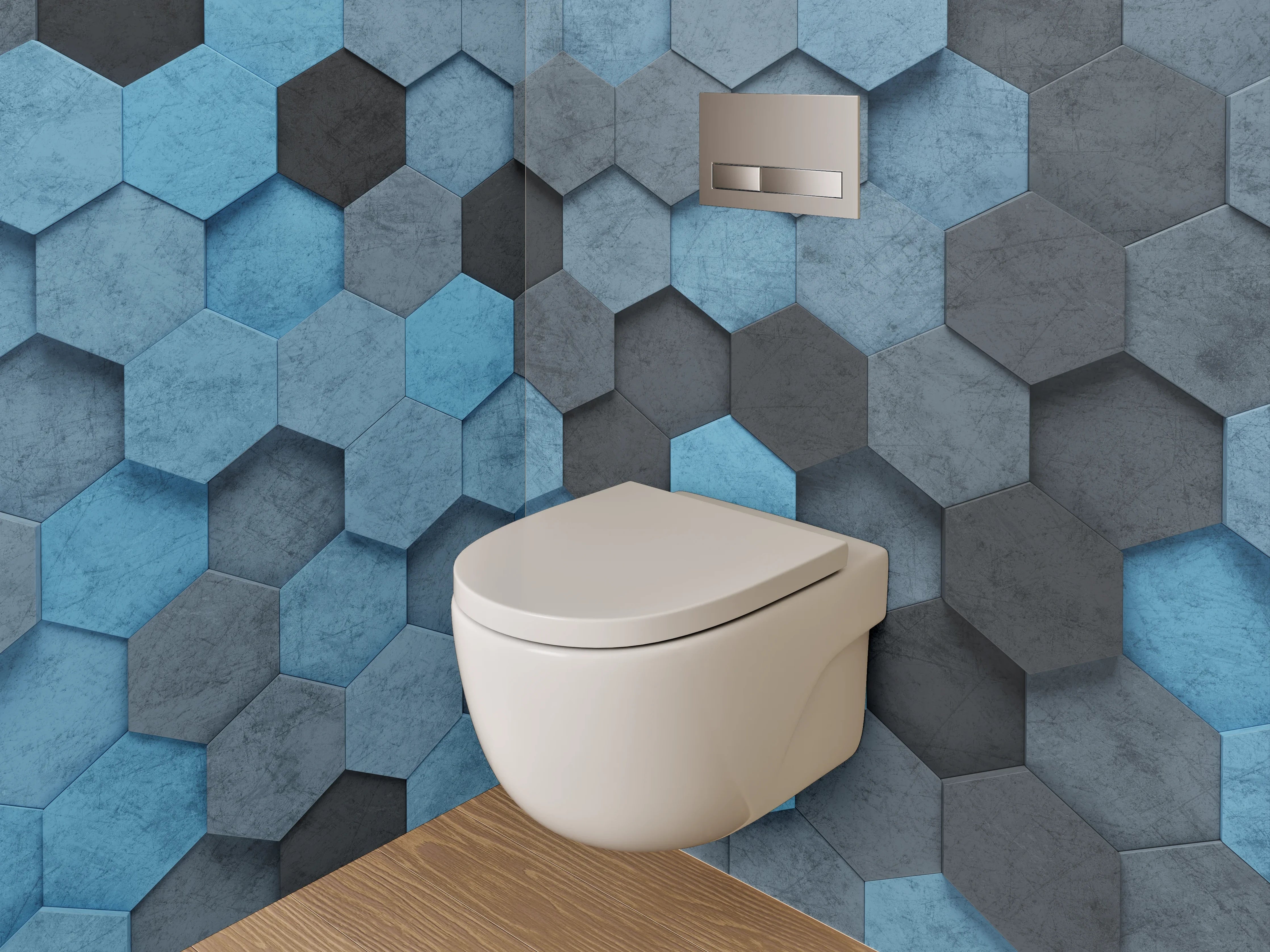 WC-Rückwand - Hexagon Mosaik in Blau und Grau