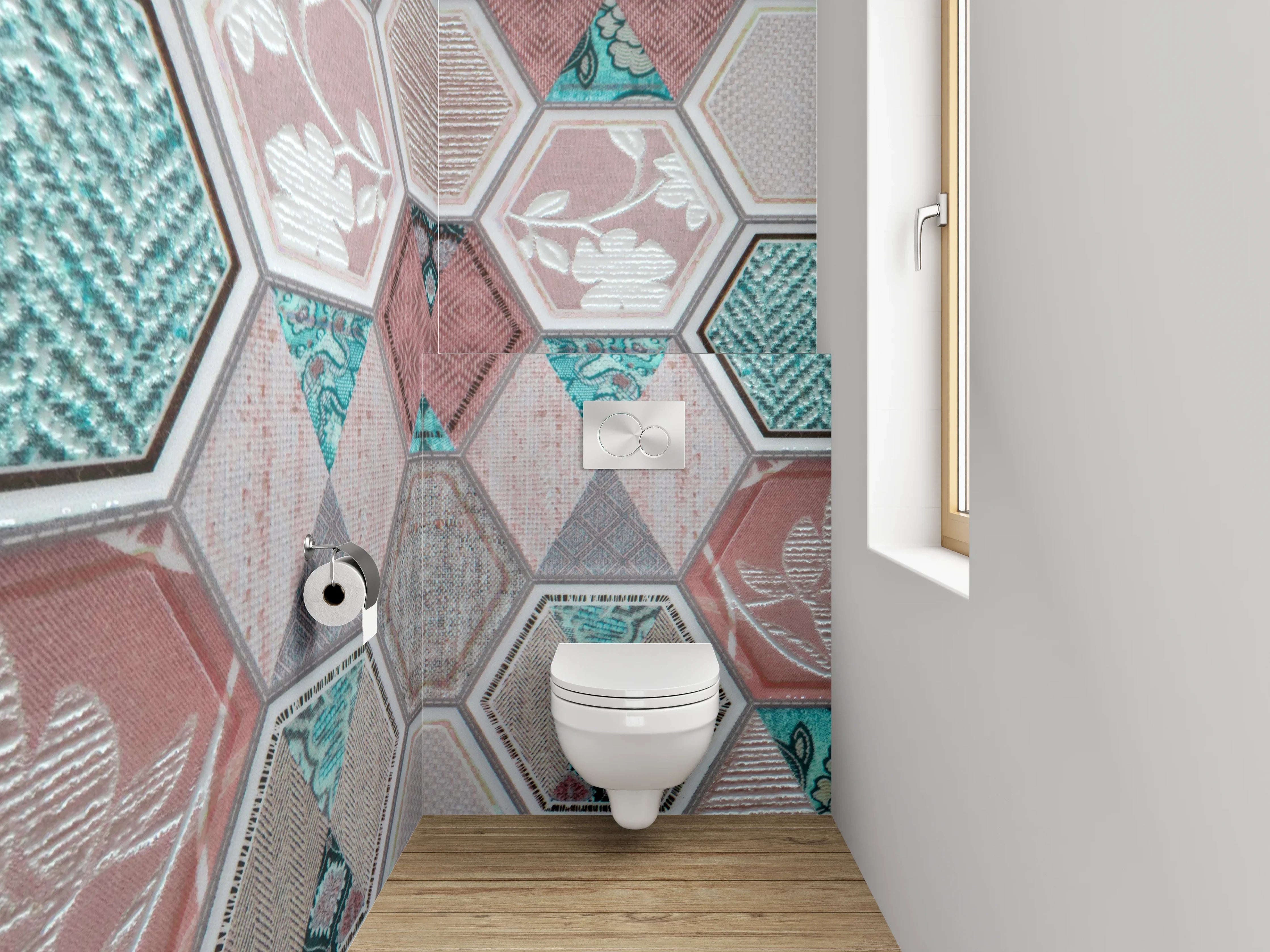 WC-Rückwand - Hexagon Patchwork Fliesenmuster