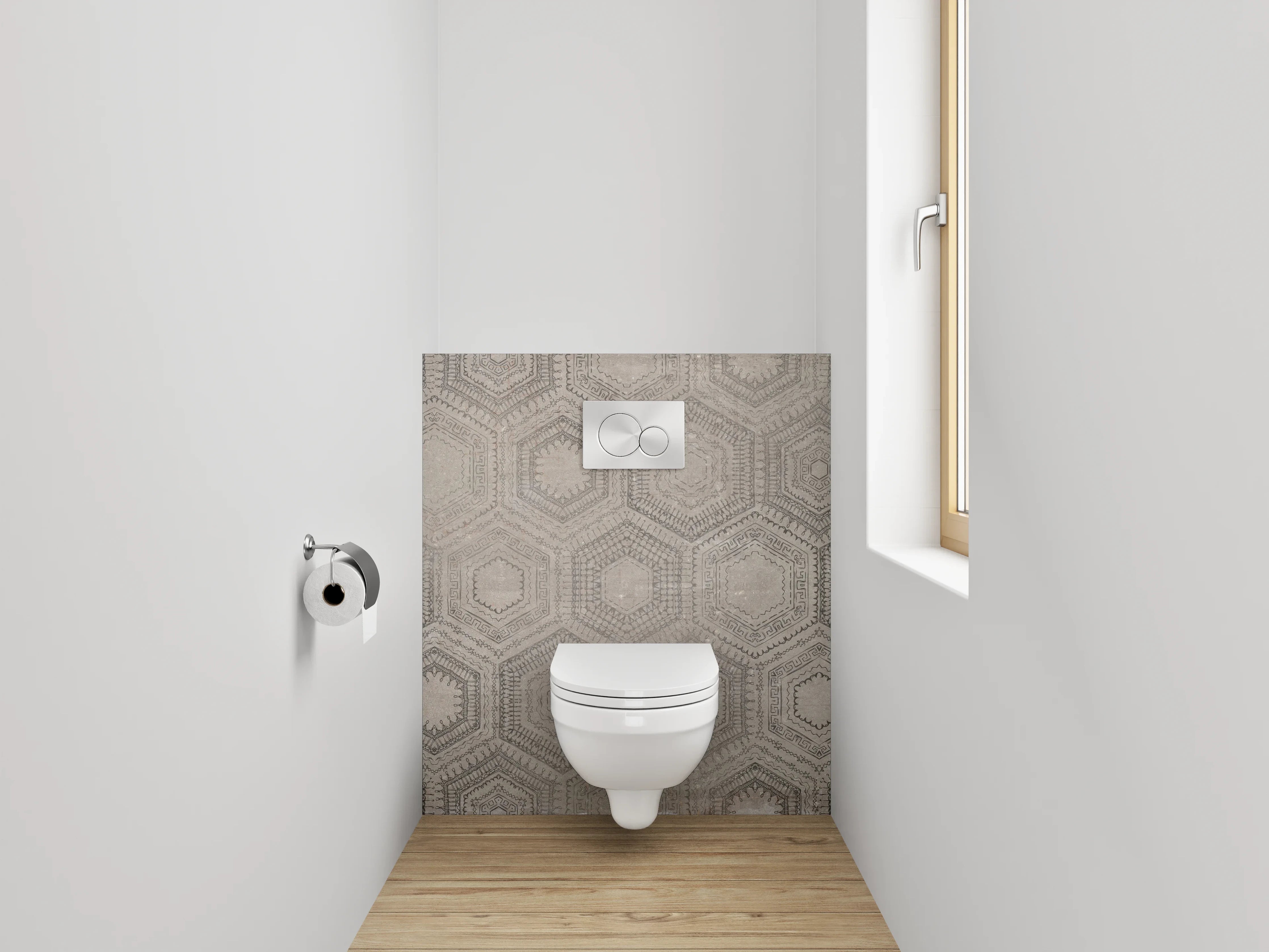 WC-Rückwand - Hexagon Vintage Muster Fliesenoptik Grau