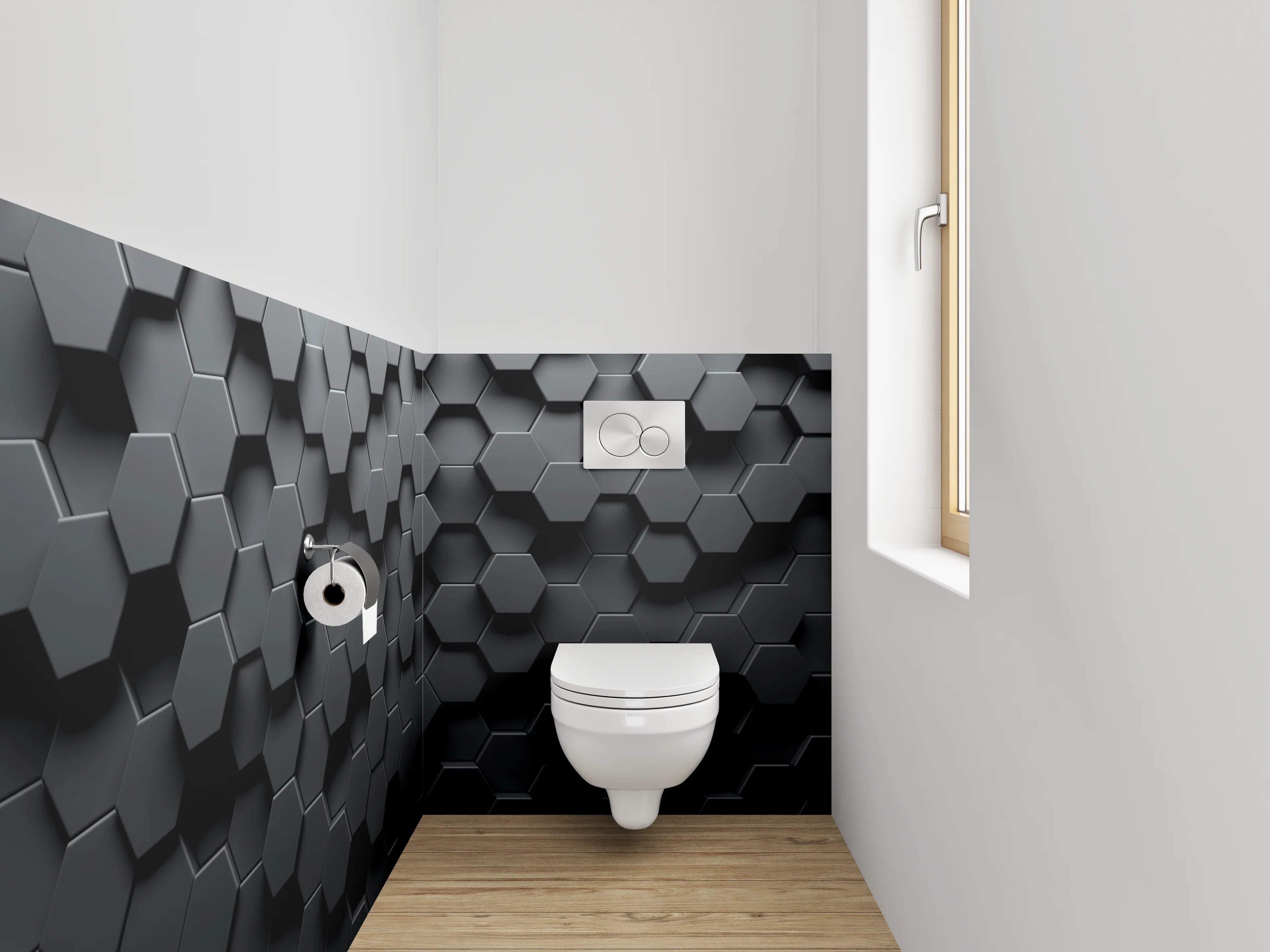 WC-Rückwand - Hexagon Waben Schwarz 3D Effekt