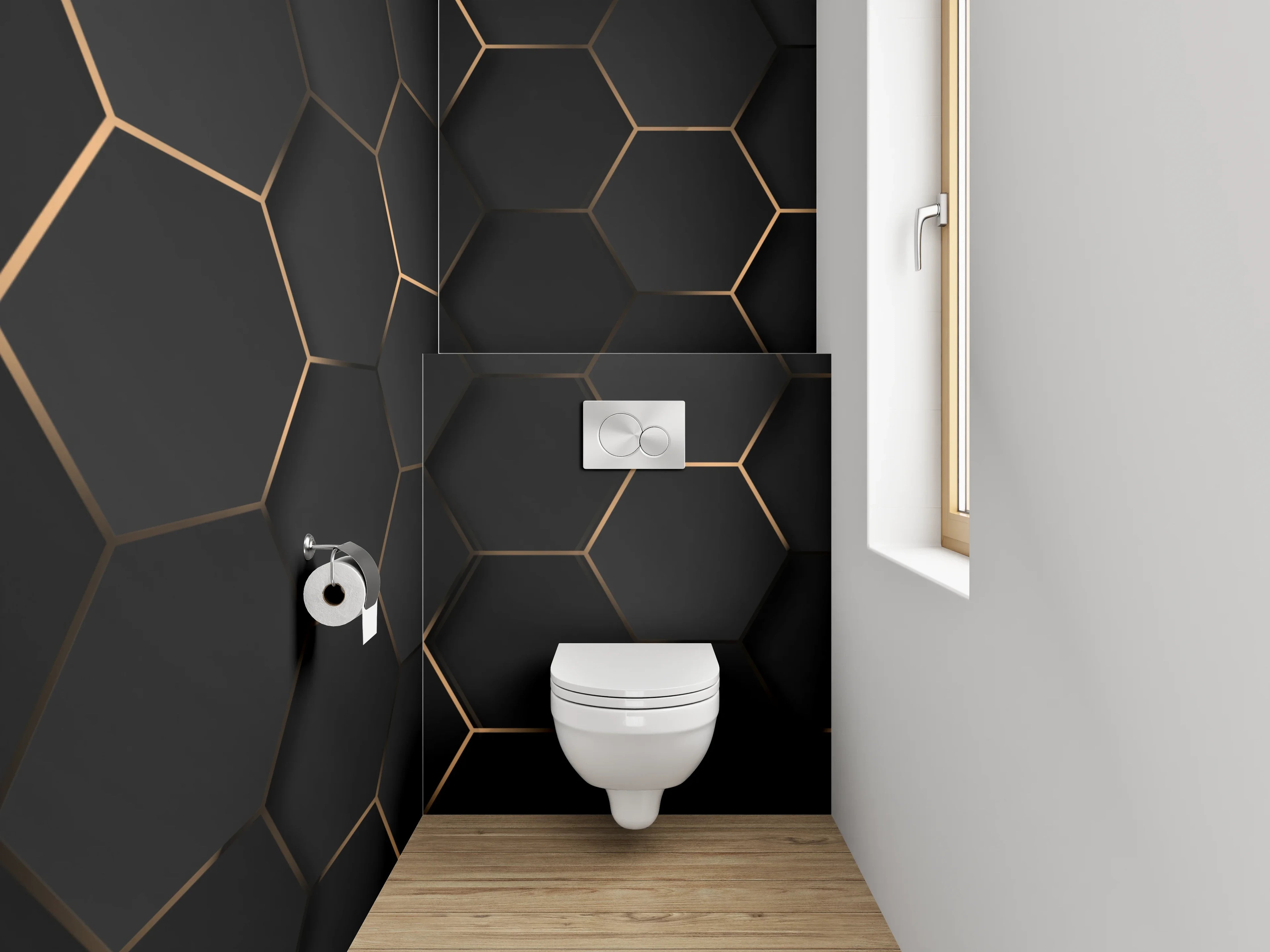 WC-Rückwand - Hexagon Wabenmuster Schwarz Gold