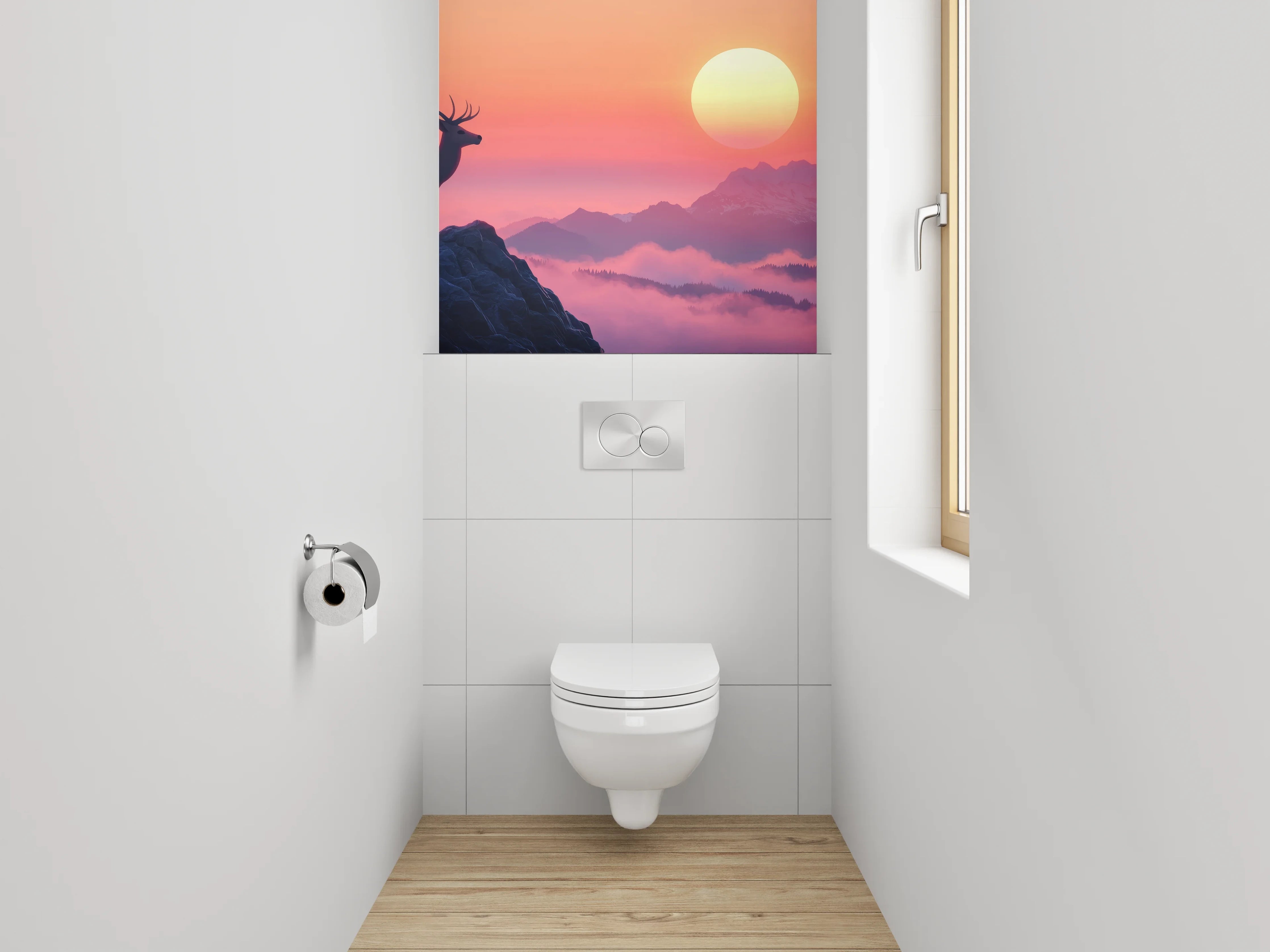 WC-Rückwand - Hirsch auf Berg im Sonnenuntergang