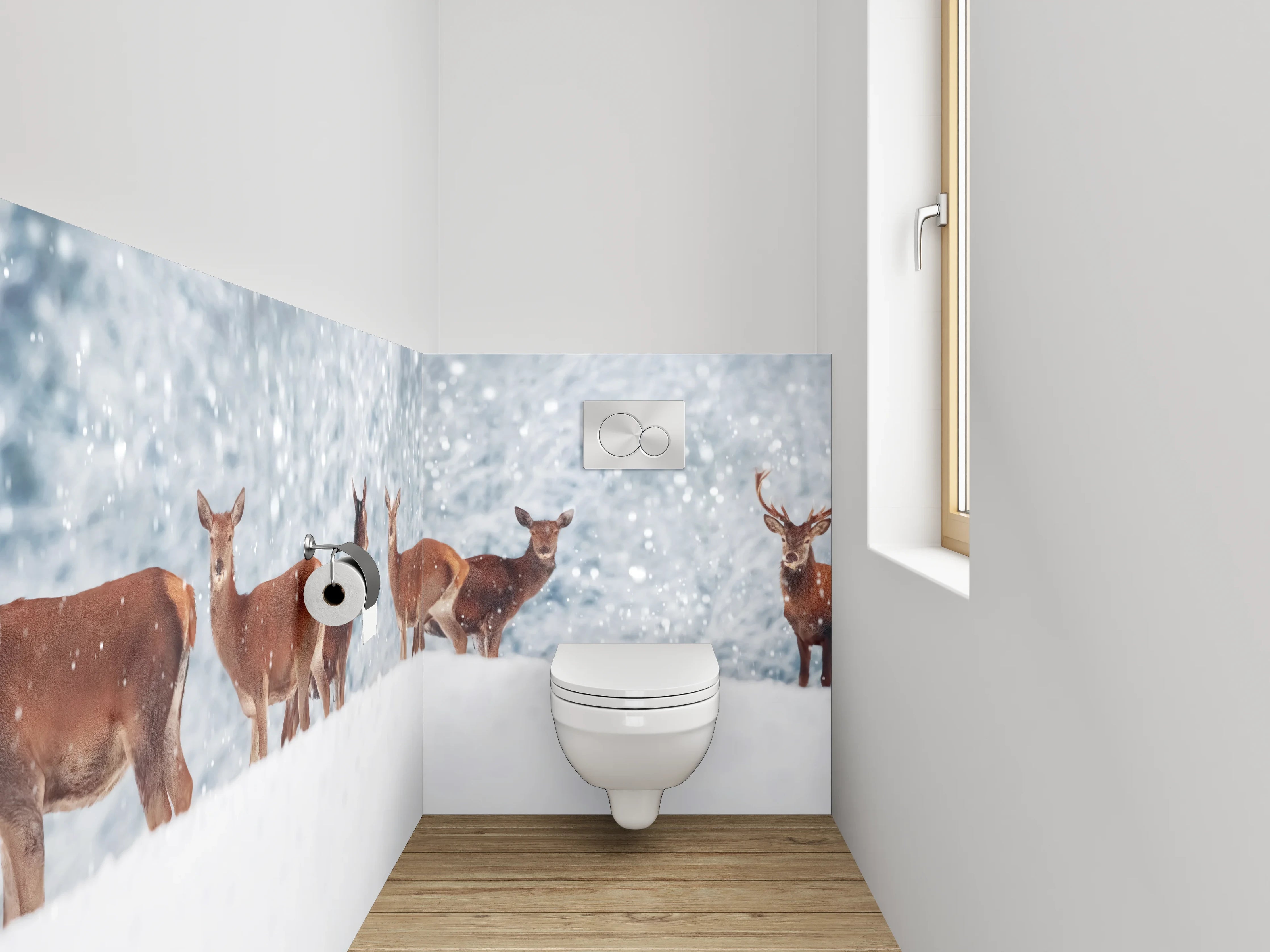 WC-Rückwand - Hirsche im verschneiten Winterwald Panorama