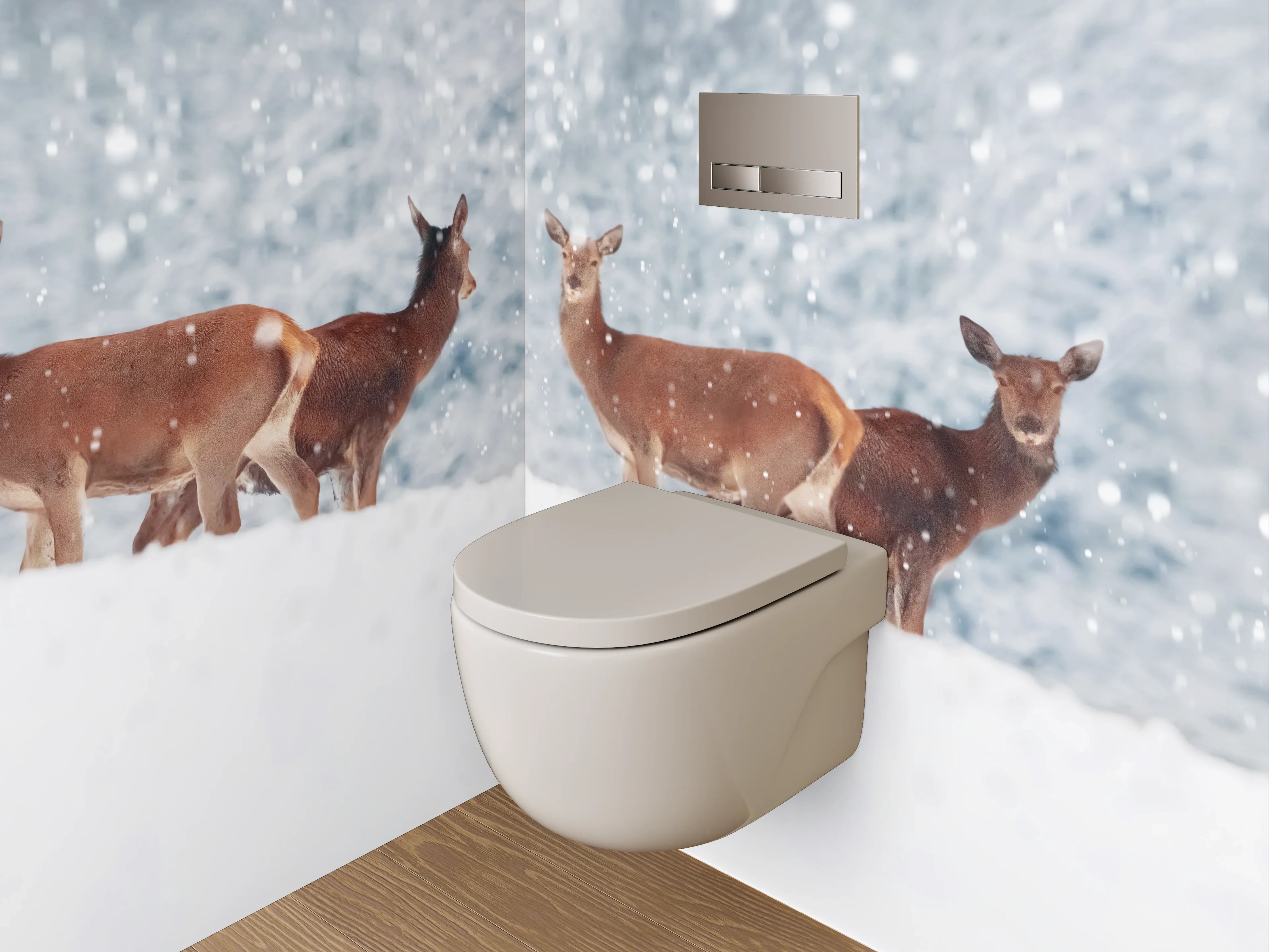 WC-Rückwand - Hirsche im verschneiten Winterwald Panorama