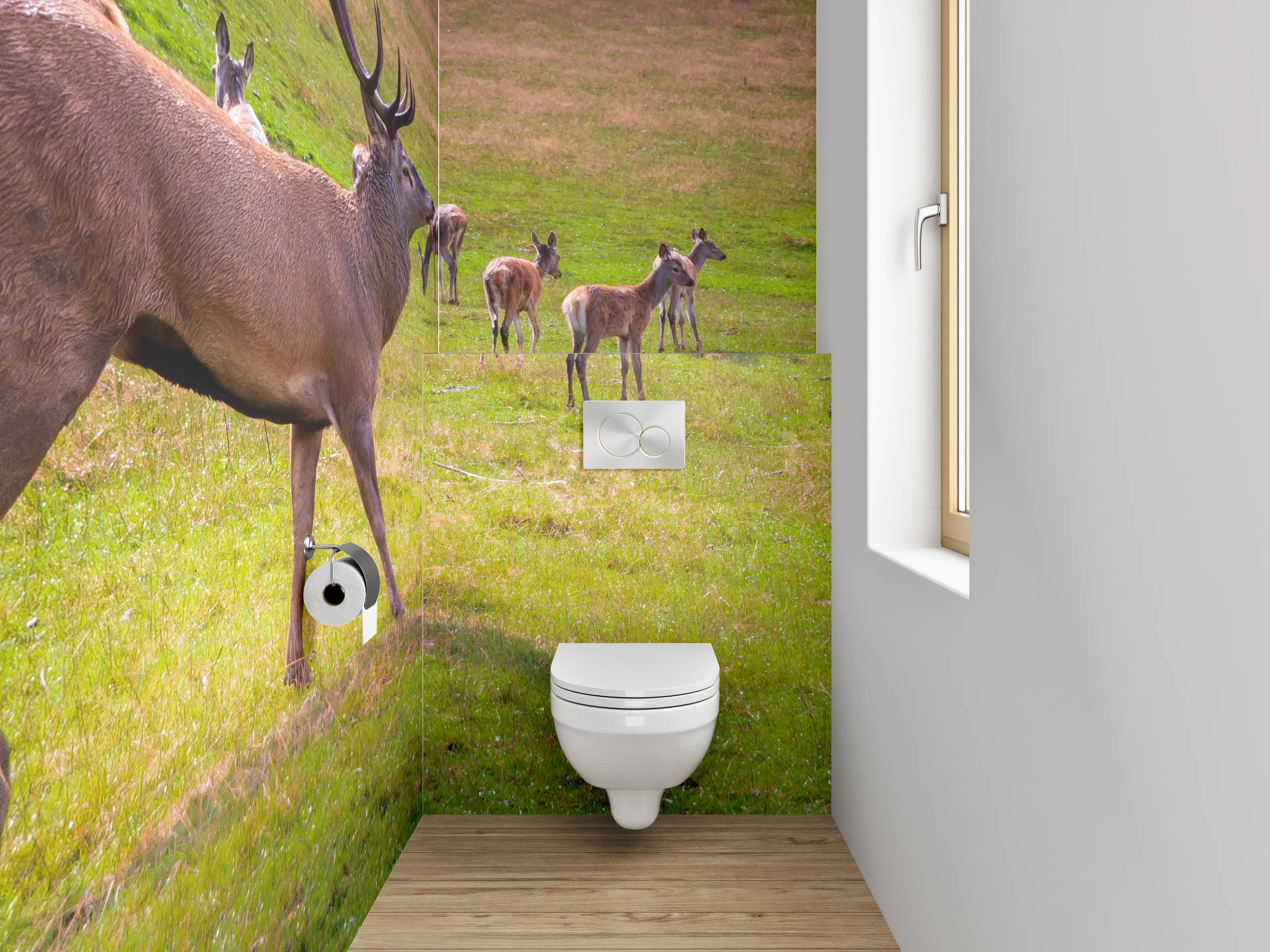 WC-Rückwand - Hirschherde auf grüner Wiese