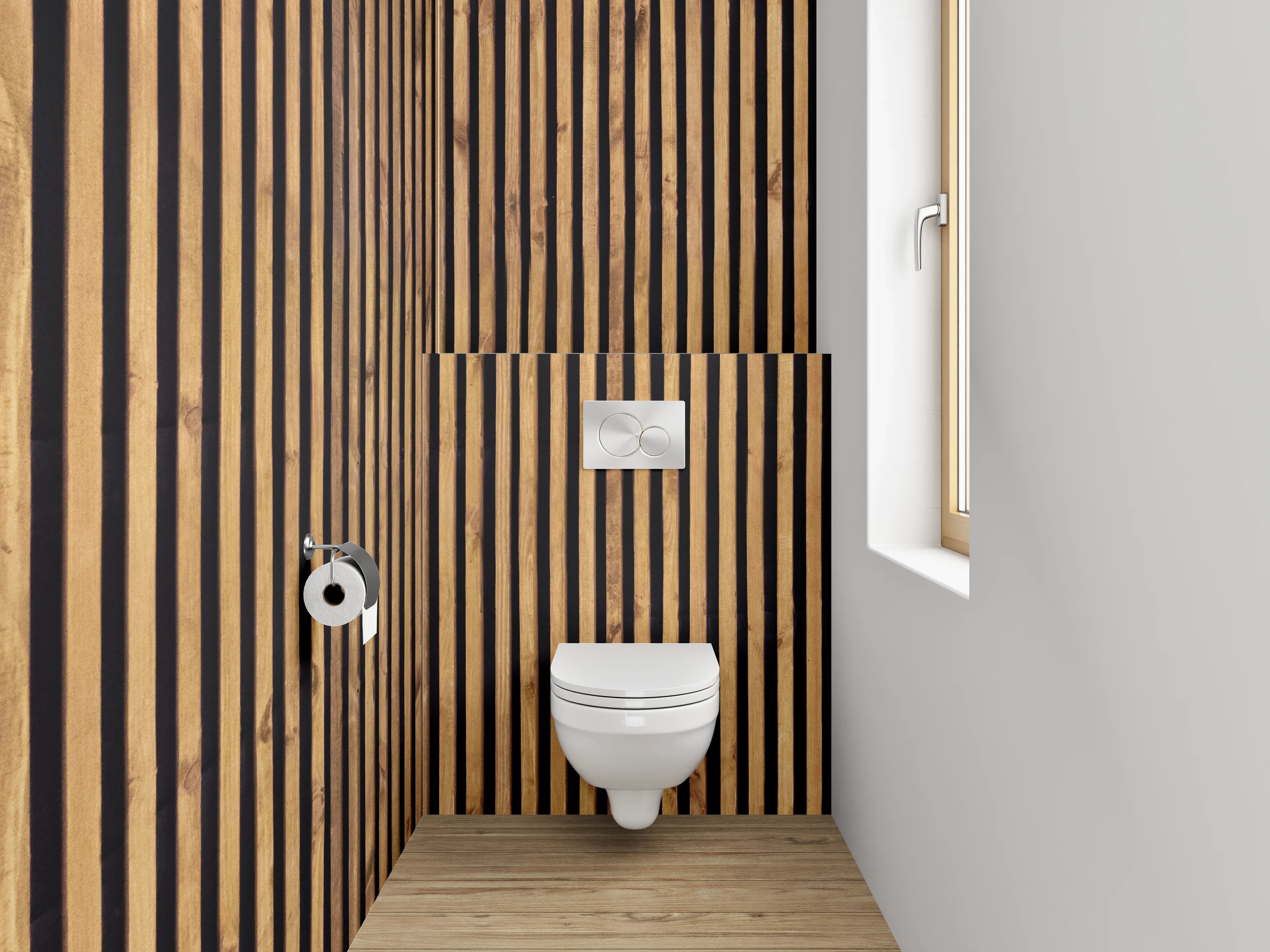 WC-Rückwand - Holz-Lamellen Muster Braun Schwarz