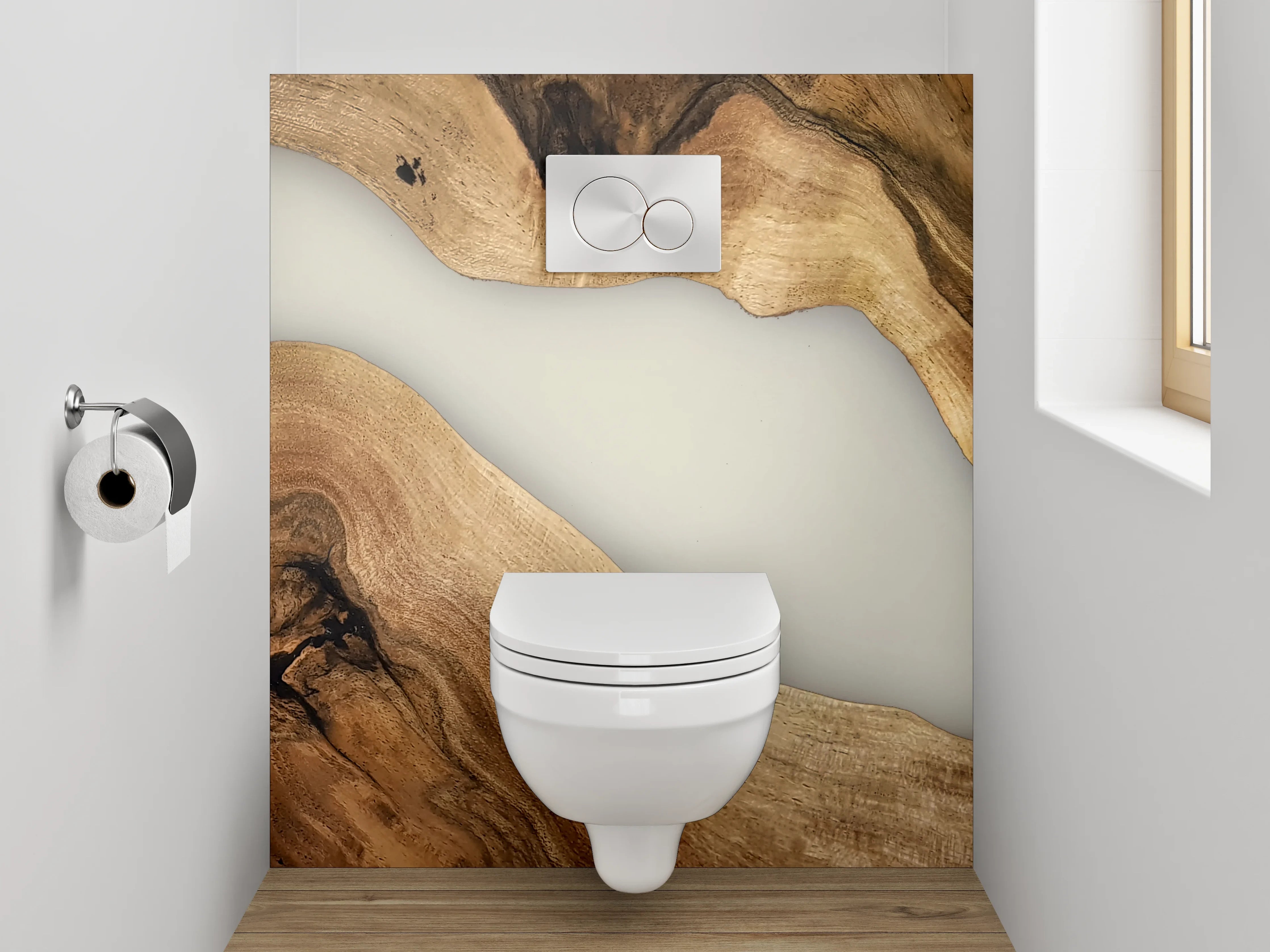 WC-Rückwand - Holz trifft abstrakte Epoxid-Flussoptik