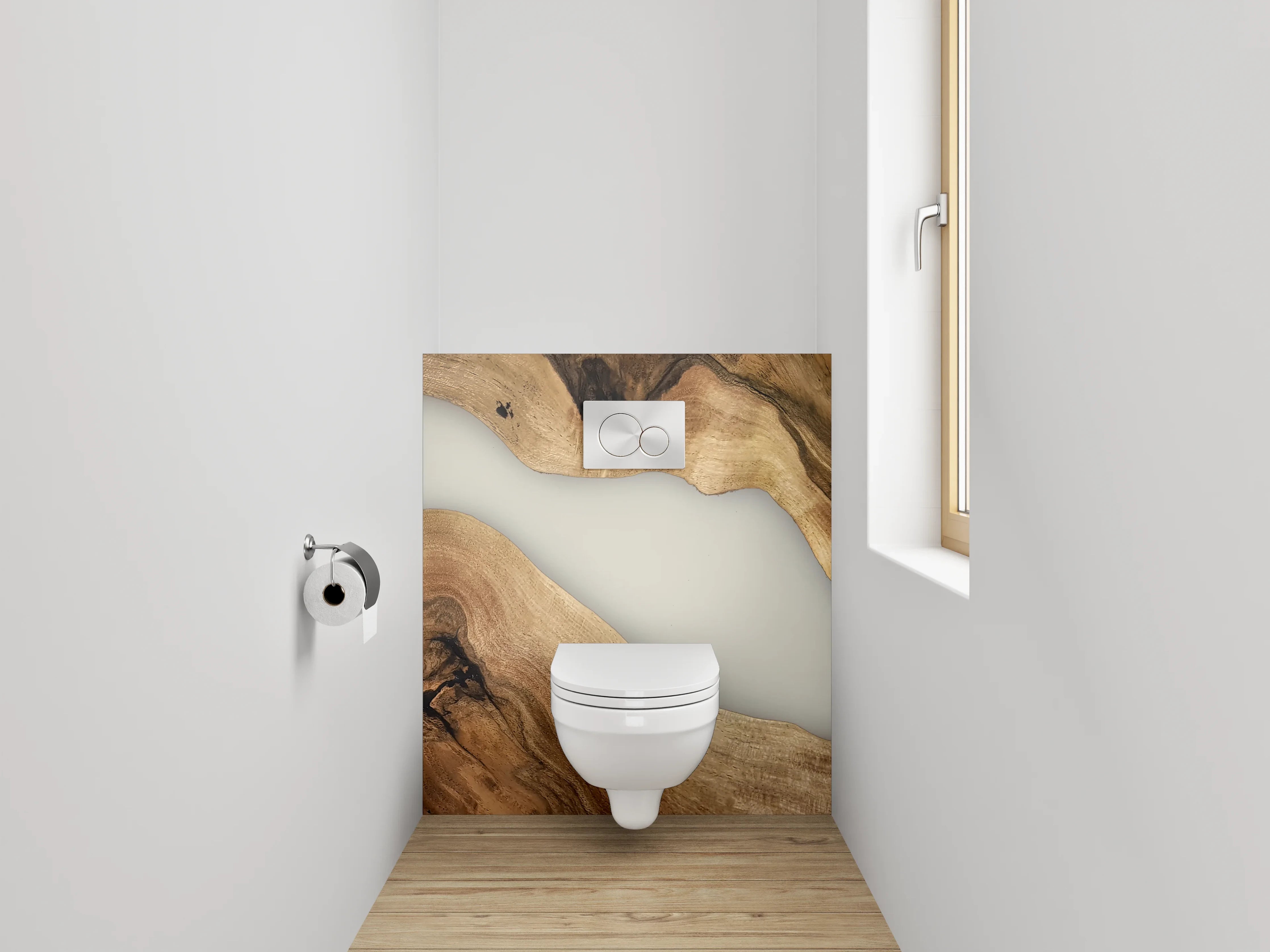 WC-Rückwand - Holz trifft abstrakte Epoxid-Flussoptik