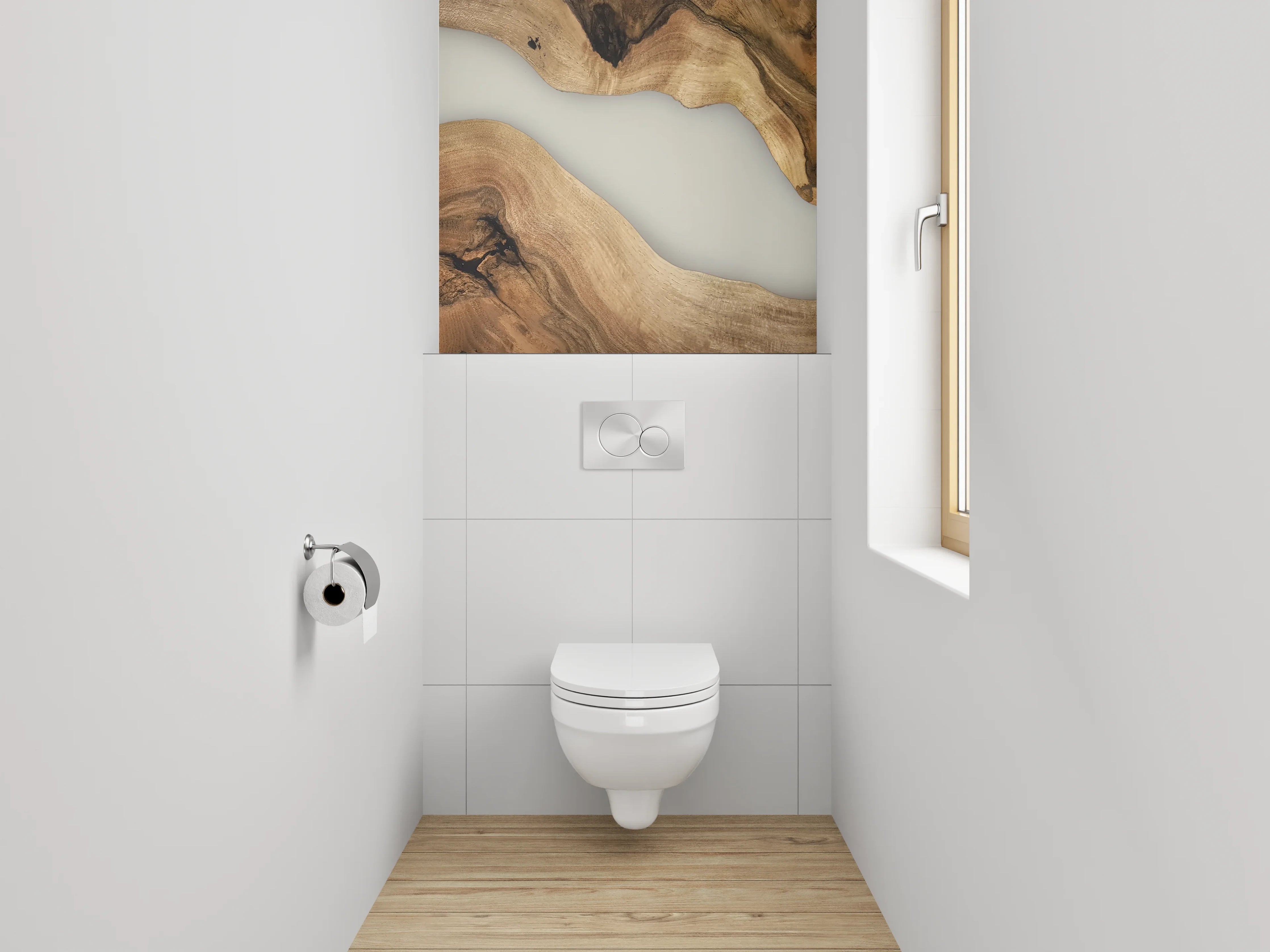 WC-Rückwand - Holz trifft abstrakte Epoxid-Flussoptik