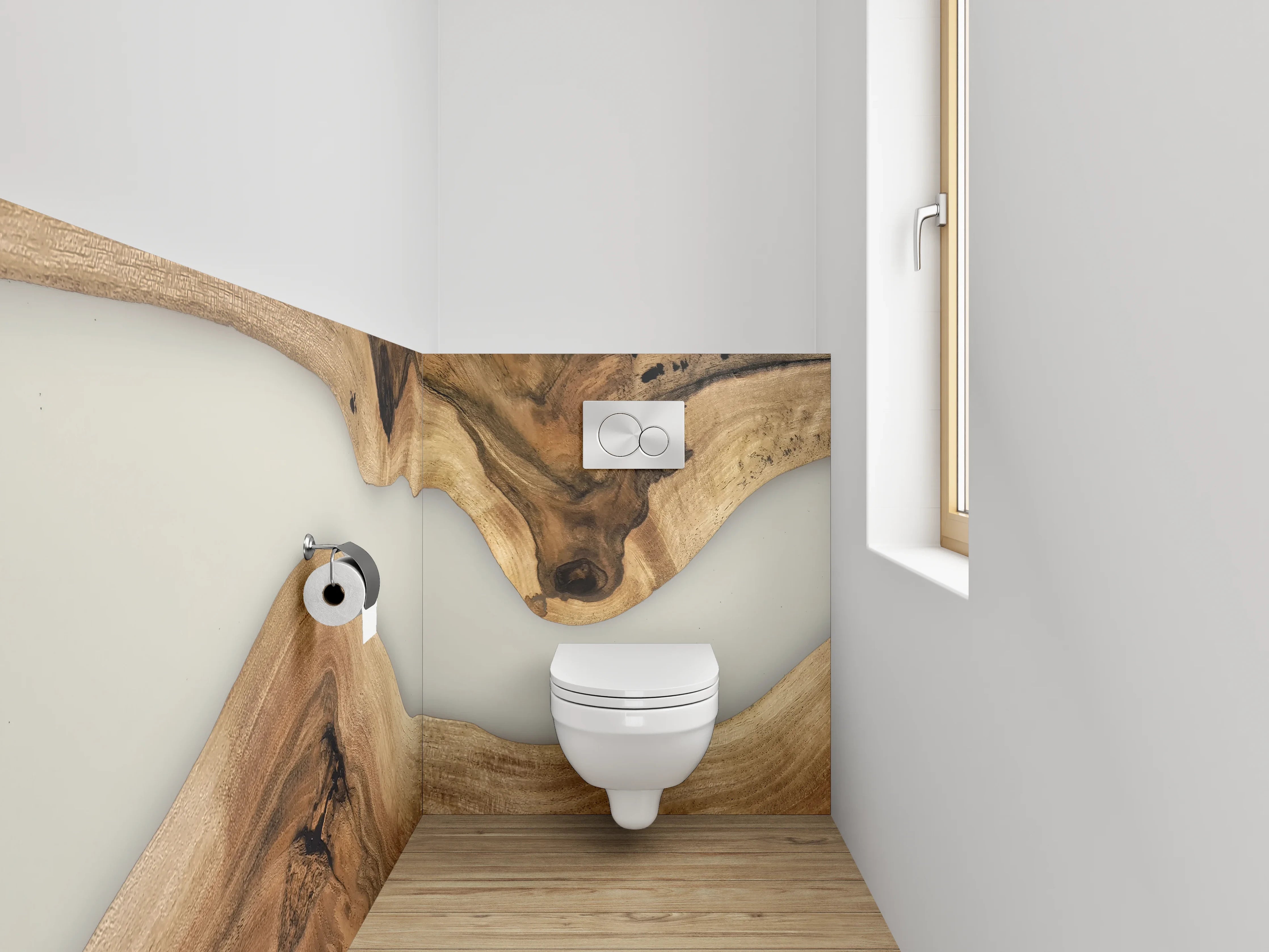 WC-Rückwand - Holz trifft abstrakte Epoxid-Flussoptik