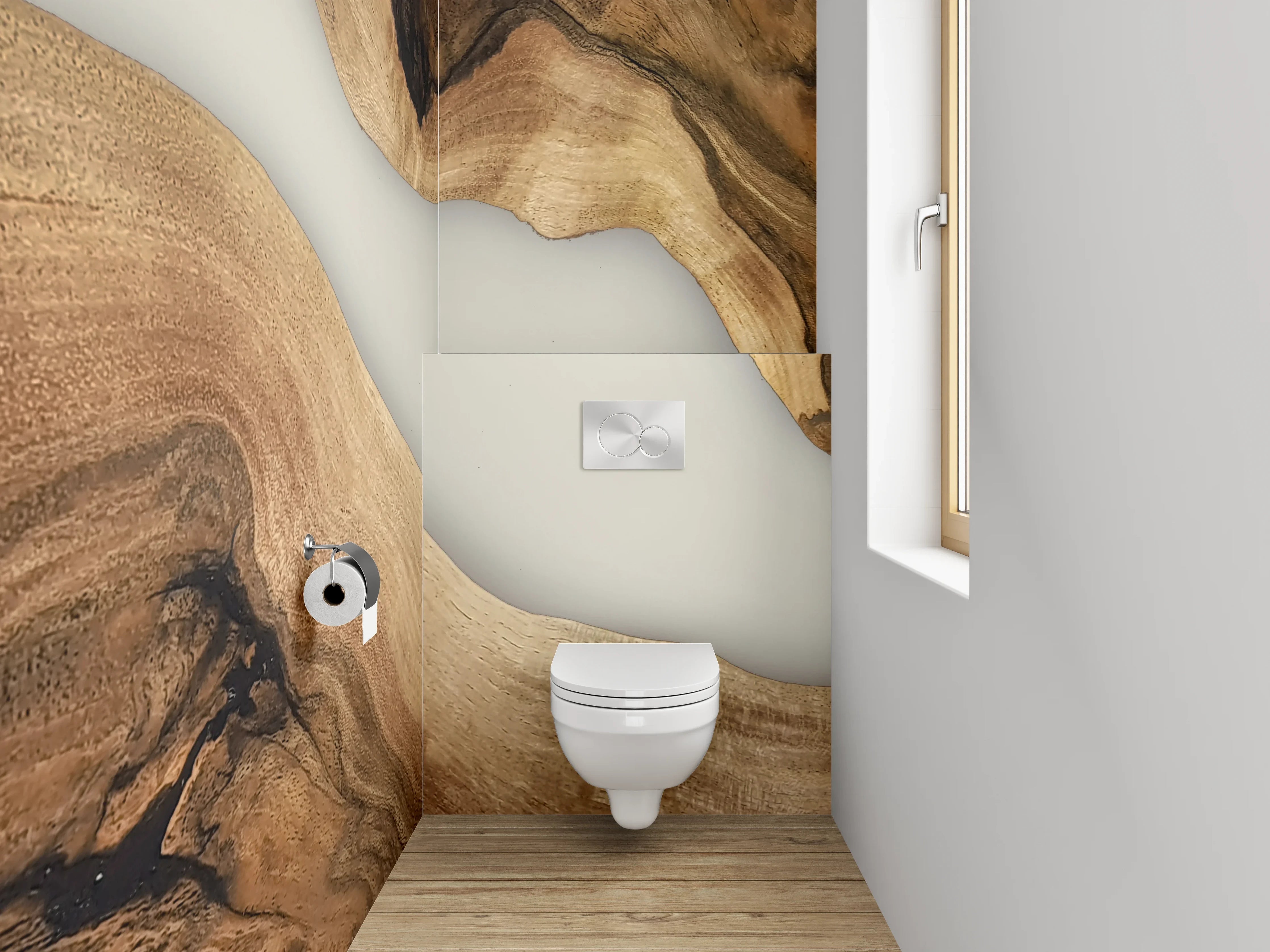 WC-Rückwand - Holz trifft abstrakte Epoxid-Flussoptik