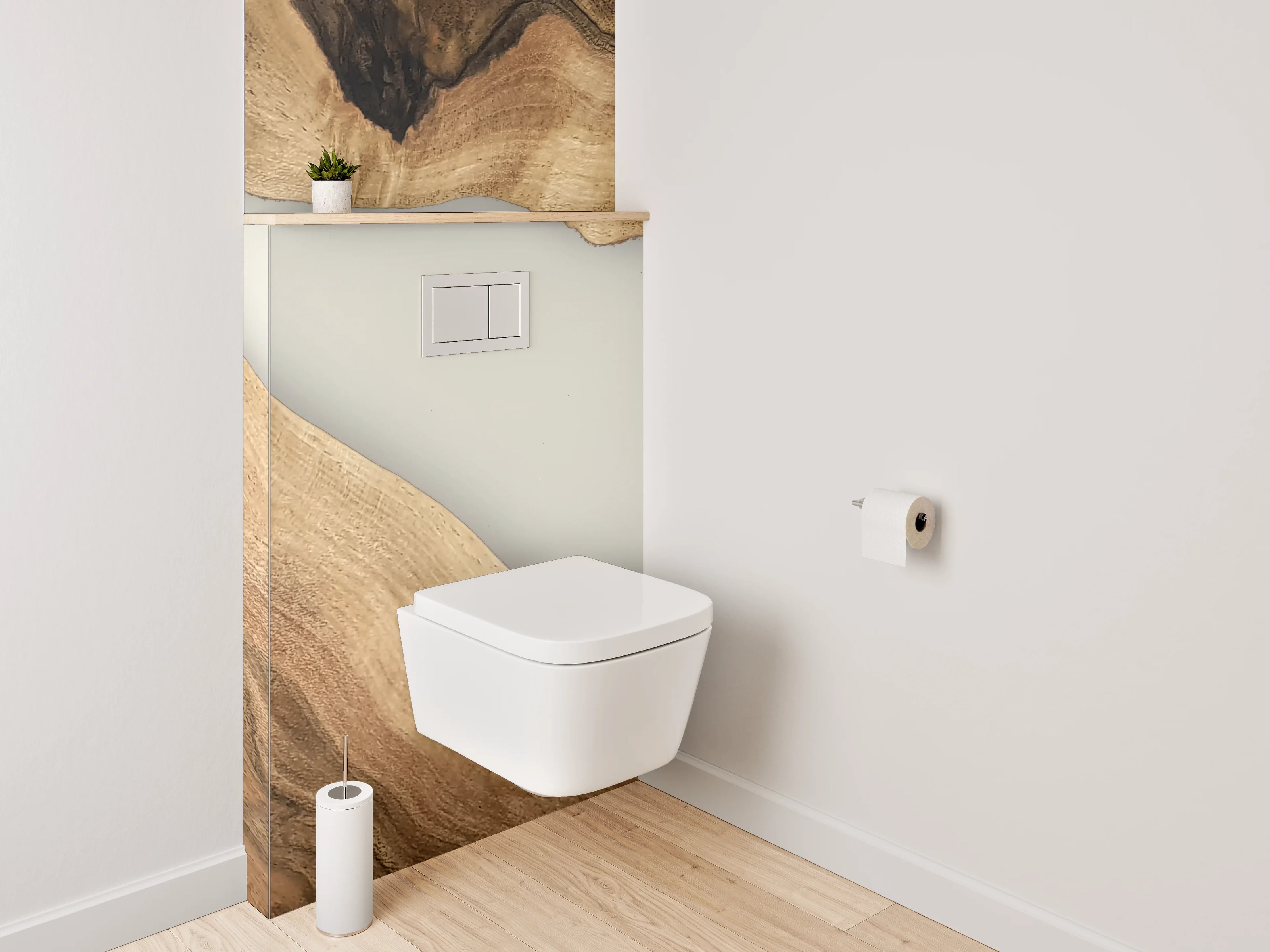 WC-Rückwand - Holz trifft abstrakte Epoxid-Flussoptik