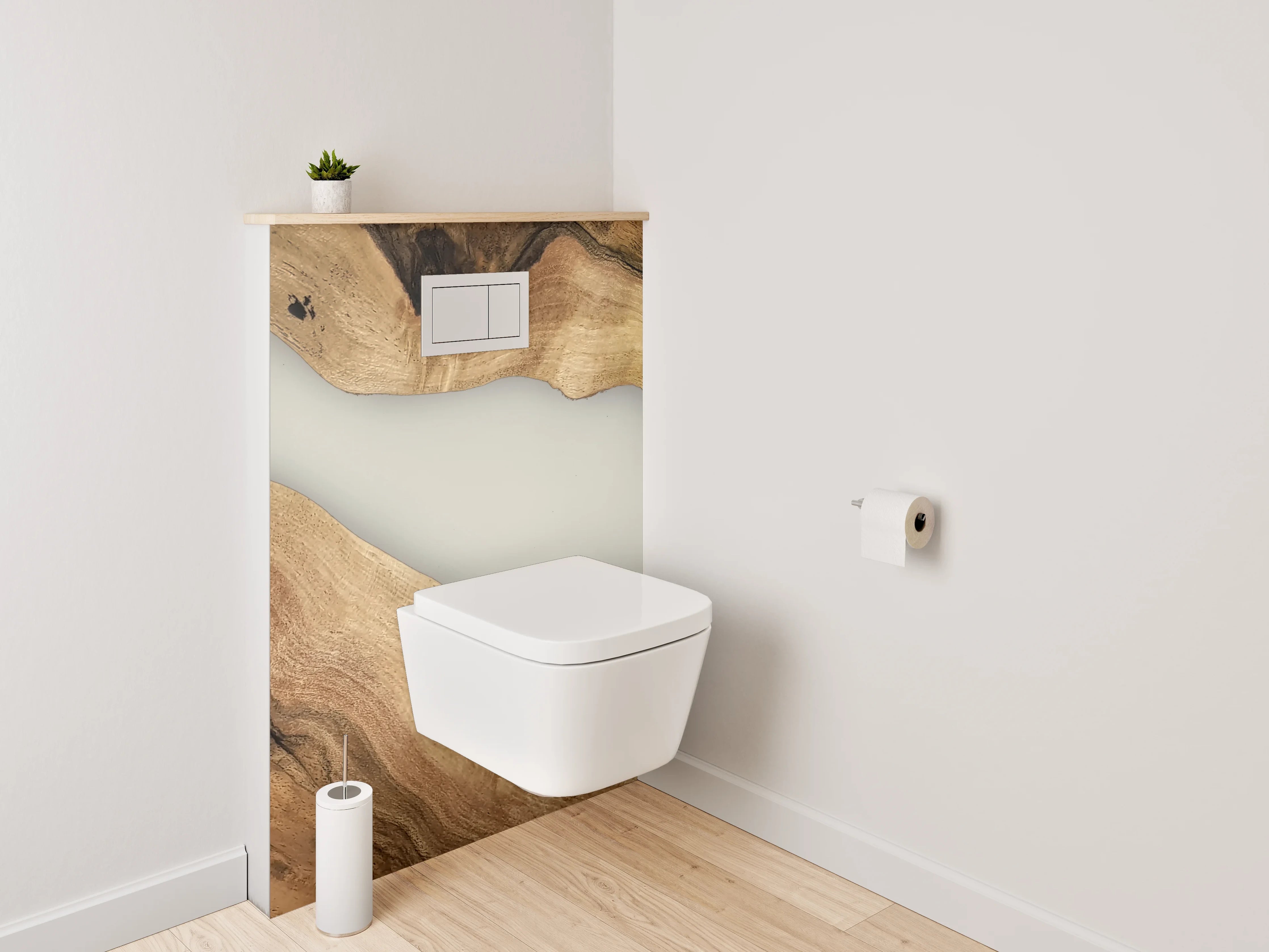 WC-Rückwand - Holz trifft abstrakte Epoxid-Flussoptik